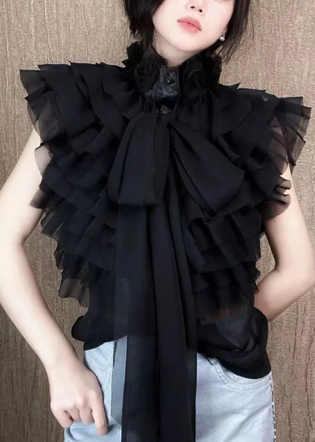 Fashion Black Layered Ruffled Stand Collar Bow Shirts Summer ZL071