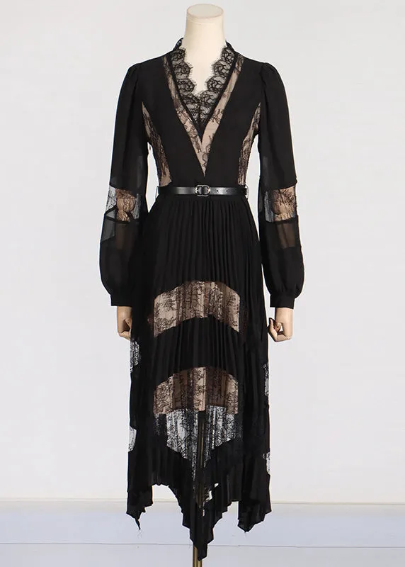 Fashion Black V Neck Lace Patchwork Floral Maxi Dresses Puff Sleeve ZL037