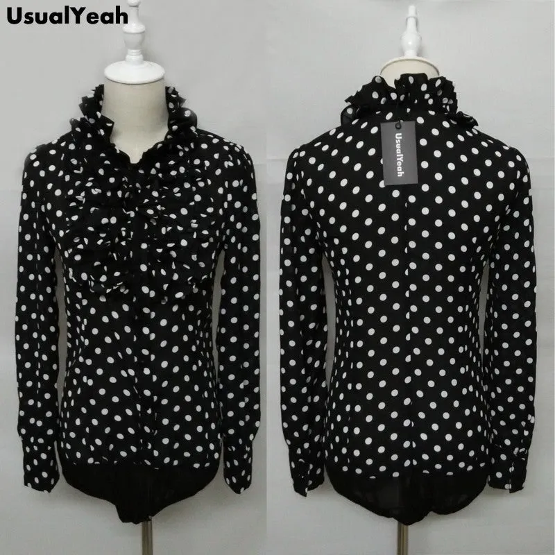 Fashion Korea Style Vintage Chiffon Polka Dots Women's Body Blouse Tops Shirt Stand Collar Ruffles S M L XL