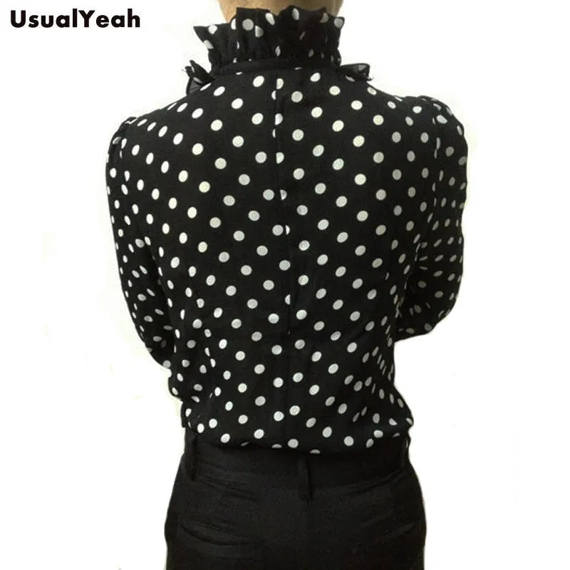 Fashion Korea Style Vintage Chiffon Polka Dots Women's Body Blouse Tops Shirt Stand Collar Ruffles S M L XL