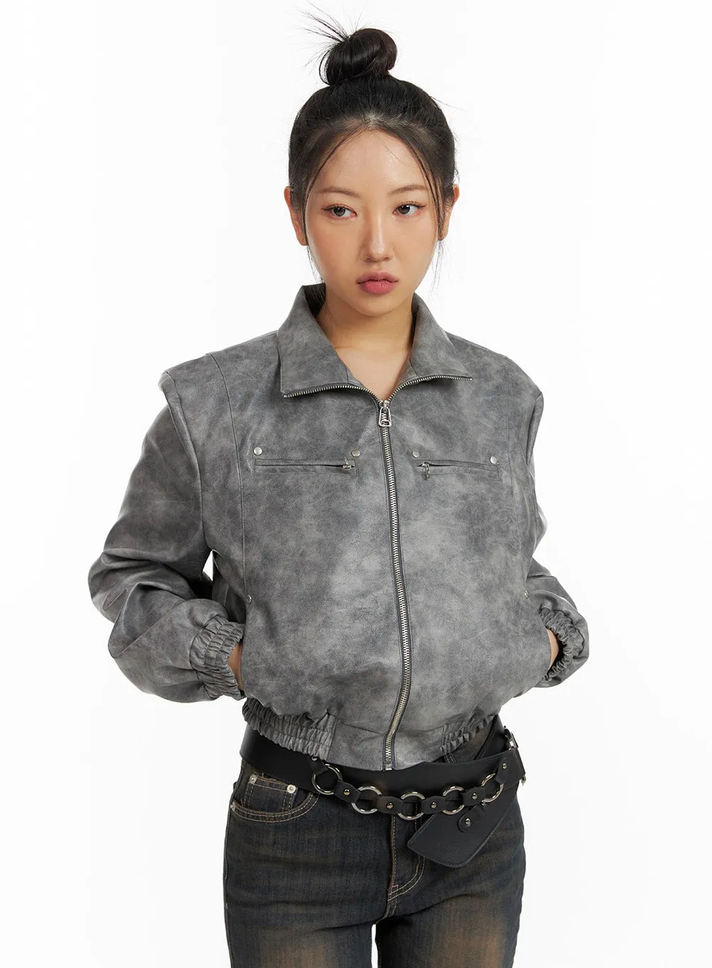 Faux Leather Patchy Jacket CF416