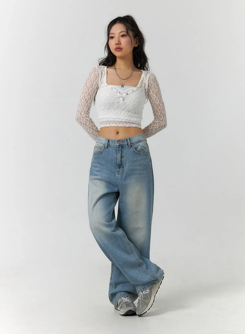 Floral Lace Button Crop Top CF405