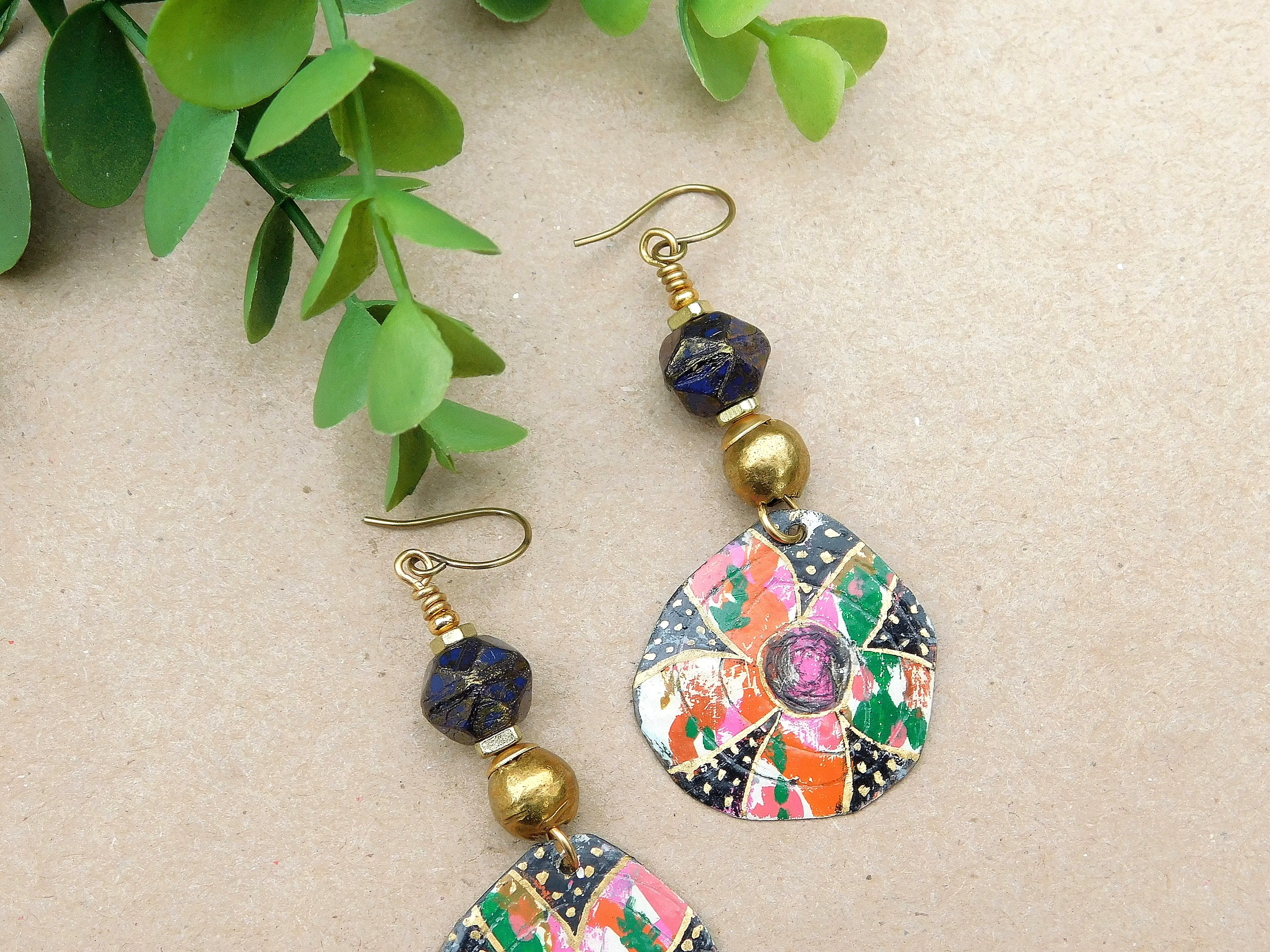 Flowers OOAK Handpainted Copper Charms w/ Gold Leaf Foil AfroCentric Earrings