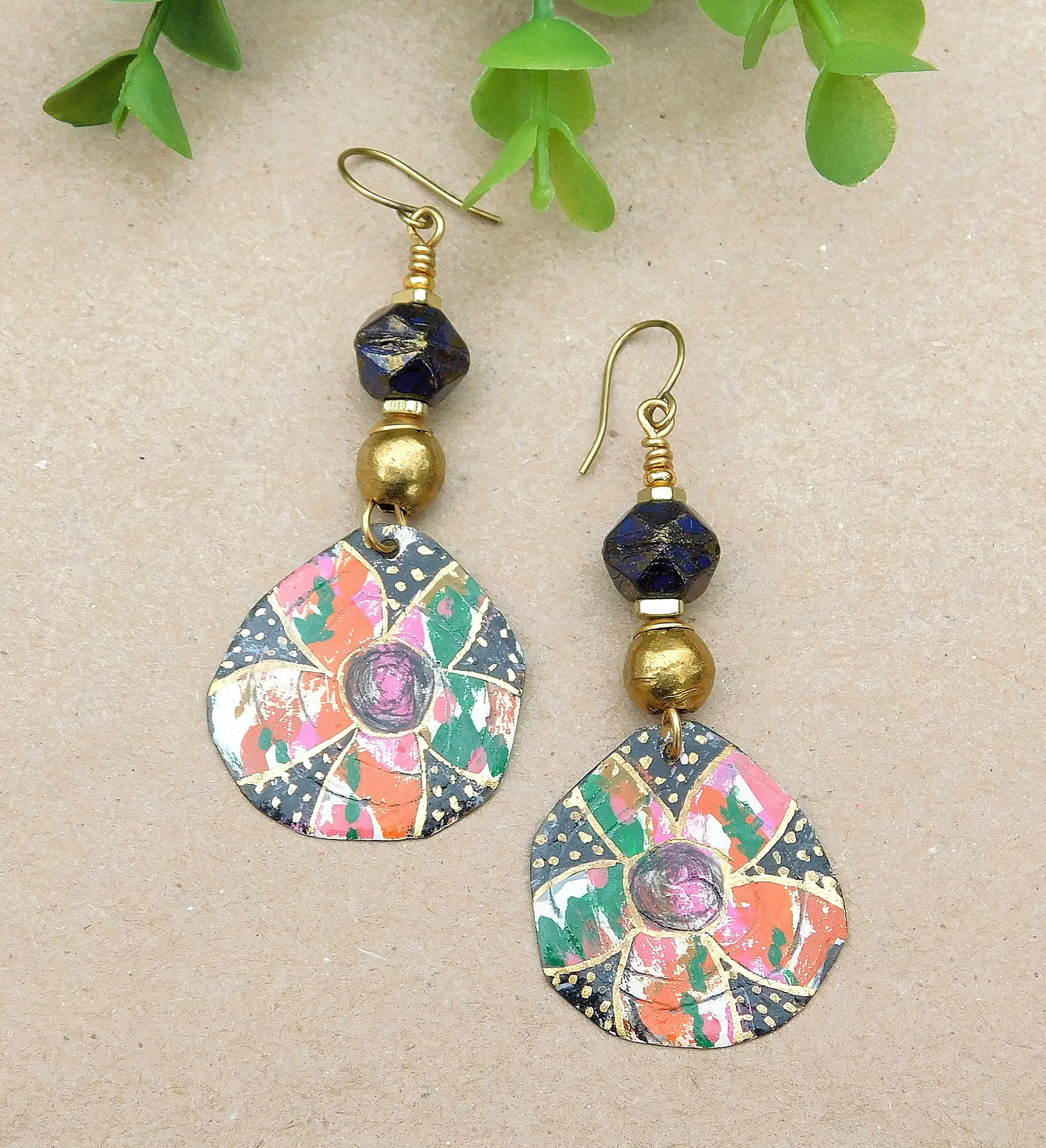 Flowers OOAK Handpainted Copper Charms w/ Gold Leaf Foil AfroCentric Earrings