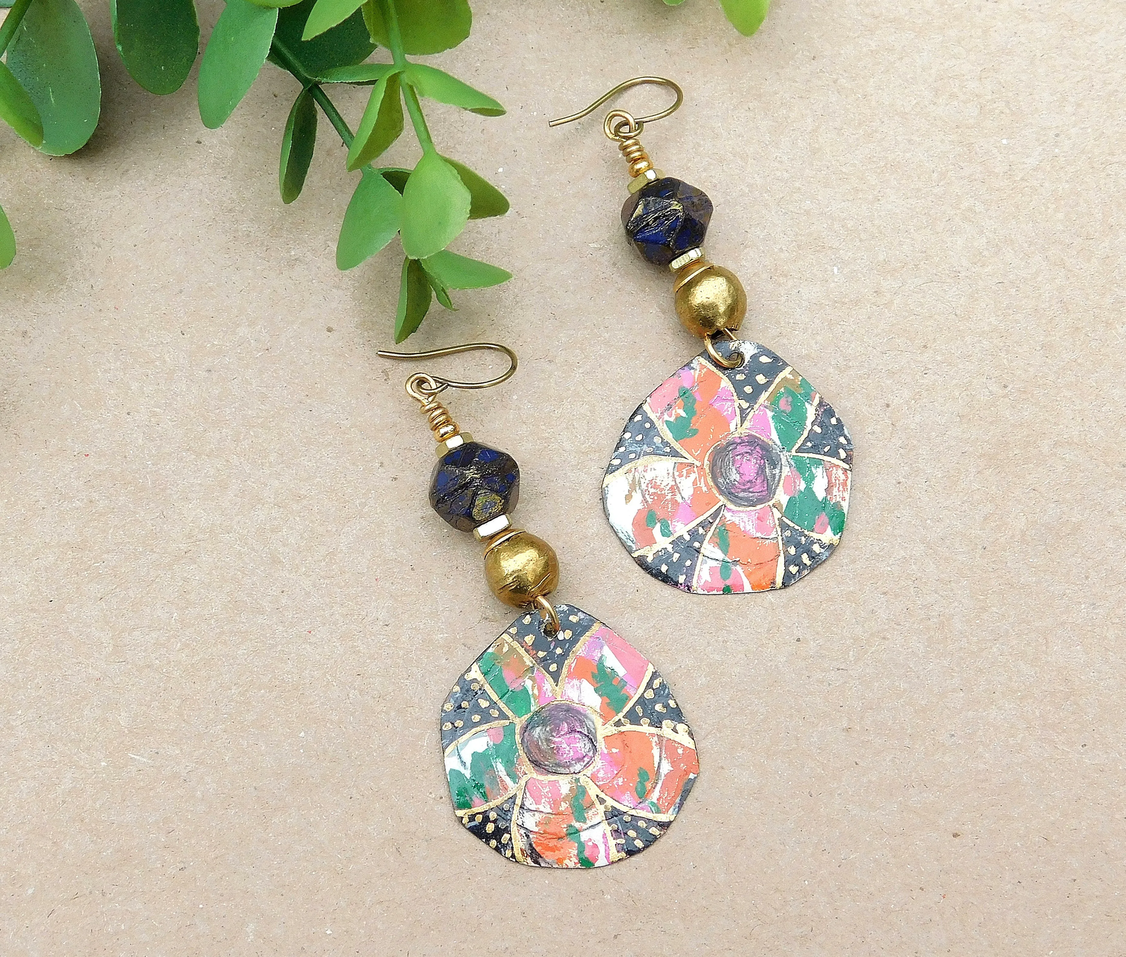 Flowers OOAK Handpainted Copper Charms w/ Gold Leaf Foil AfroCentric Earrings