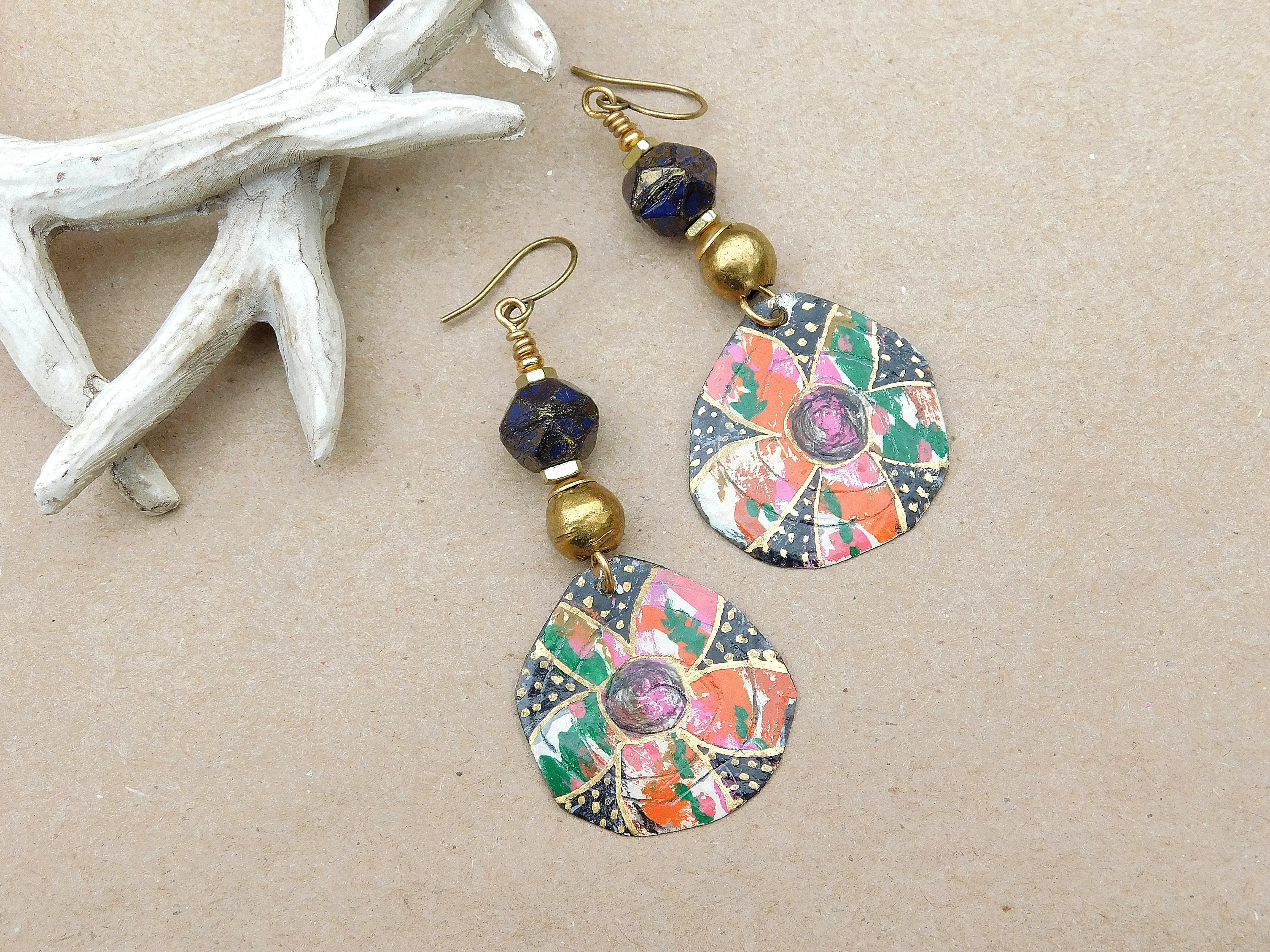 Flowers OOAK Handpainted Copper Charms w/ Gold Leaf Foil AfroCentric Earrings