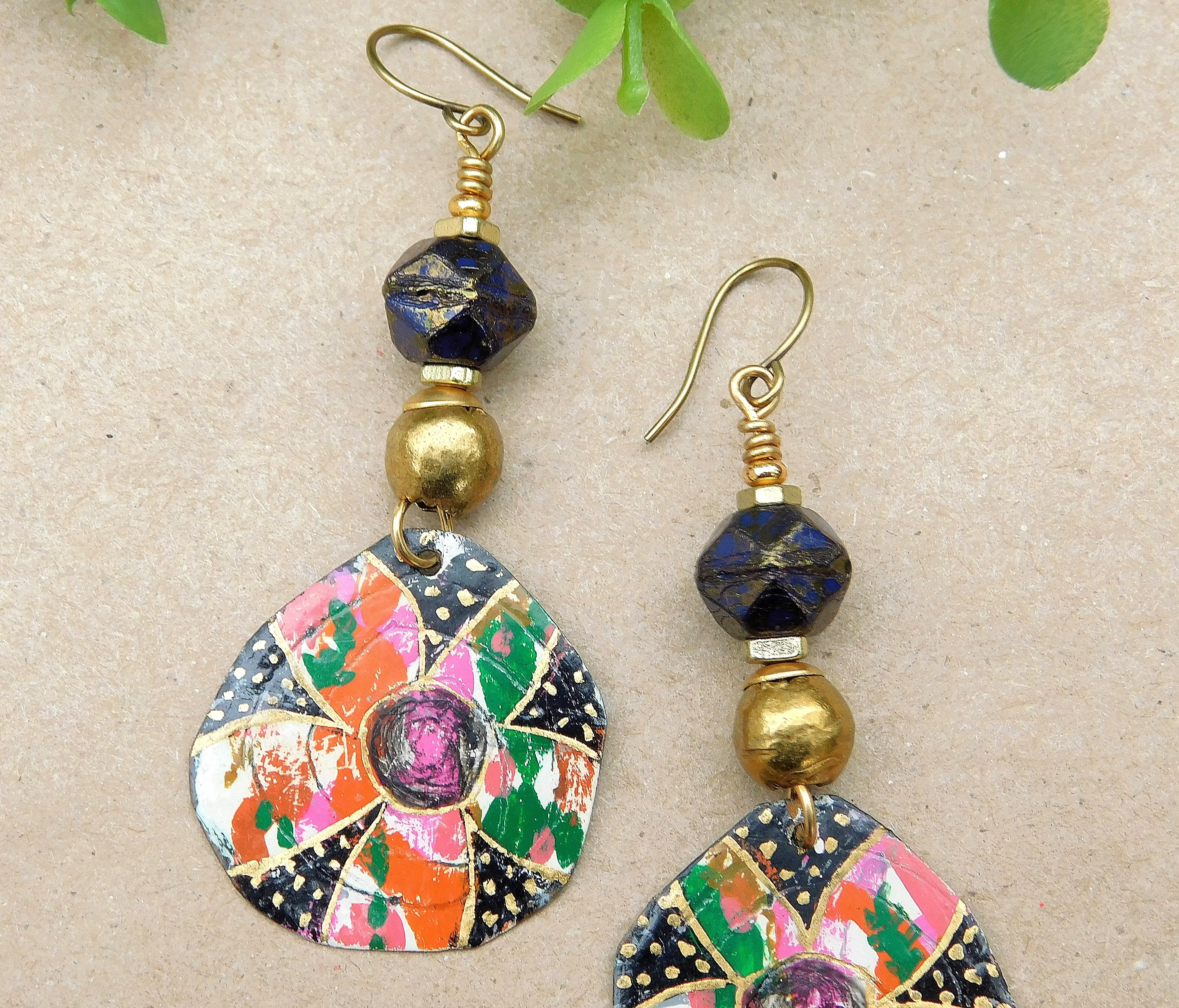 Flowers OOAK Handpainted Copper Charms w/ Gold Leaf Foil AfroCentric Earrings