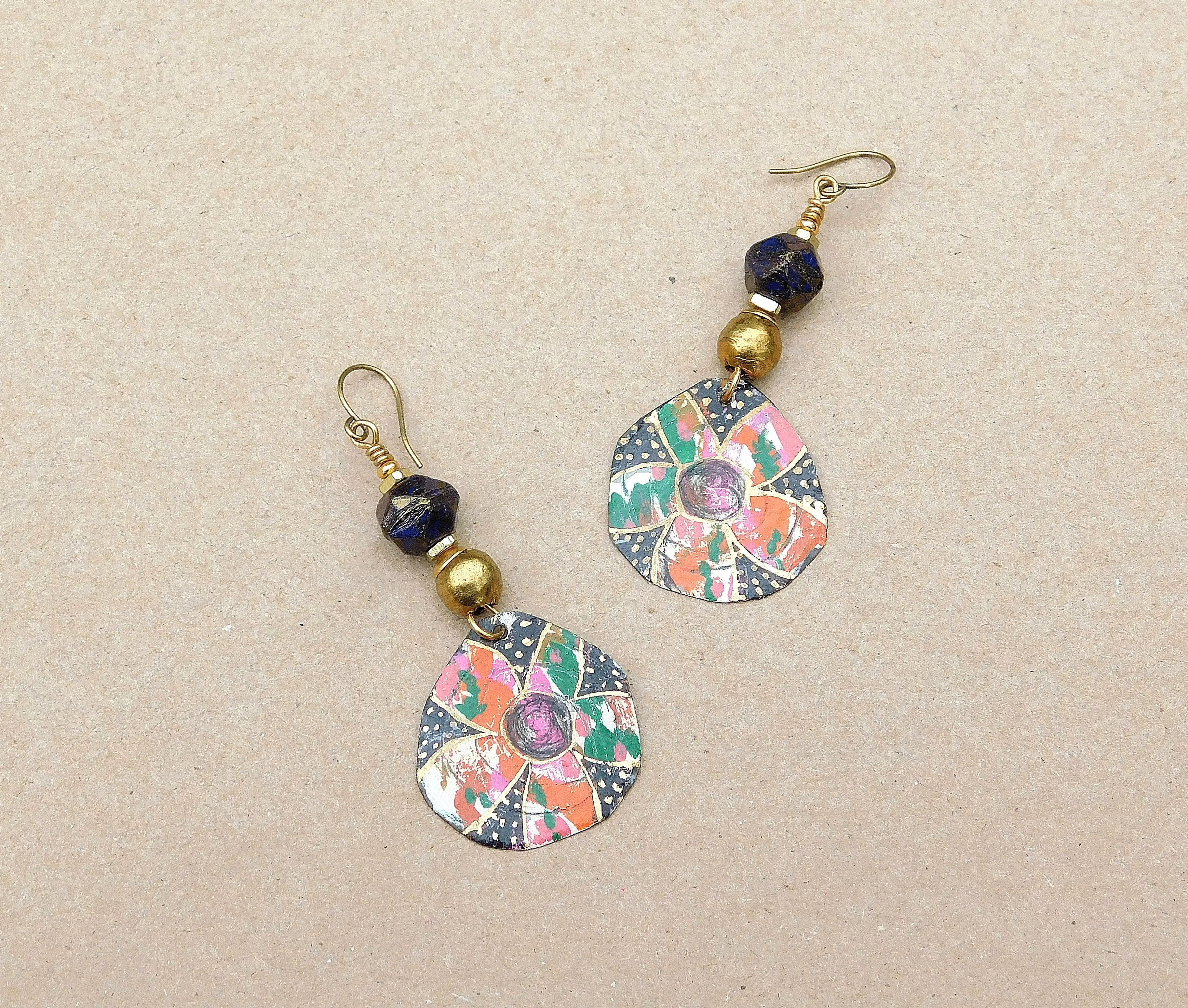 Flowers OOAK Handpainted Copper Charms w/ Gold Leaf Foil AfroCentric Earrings