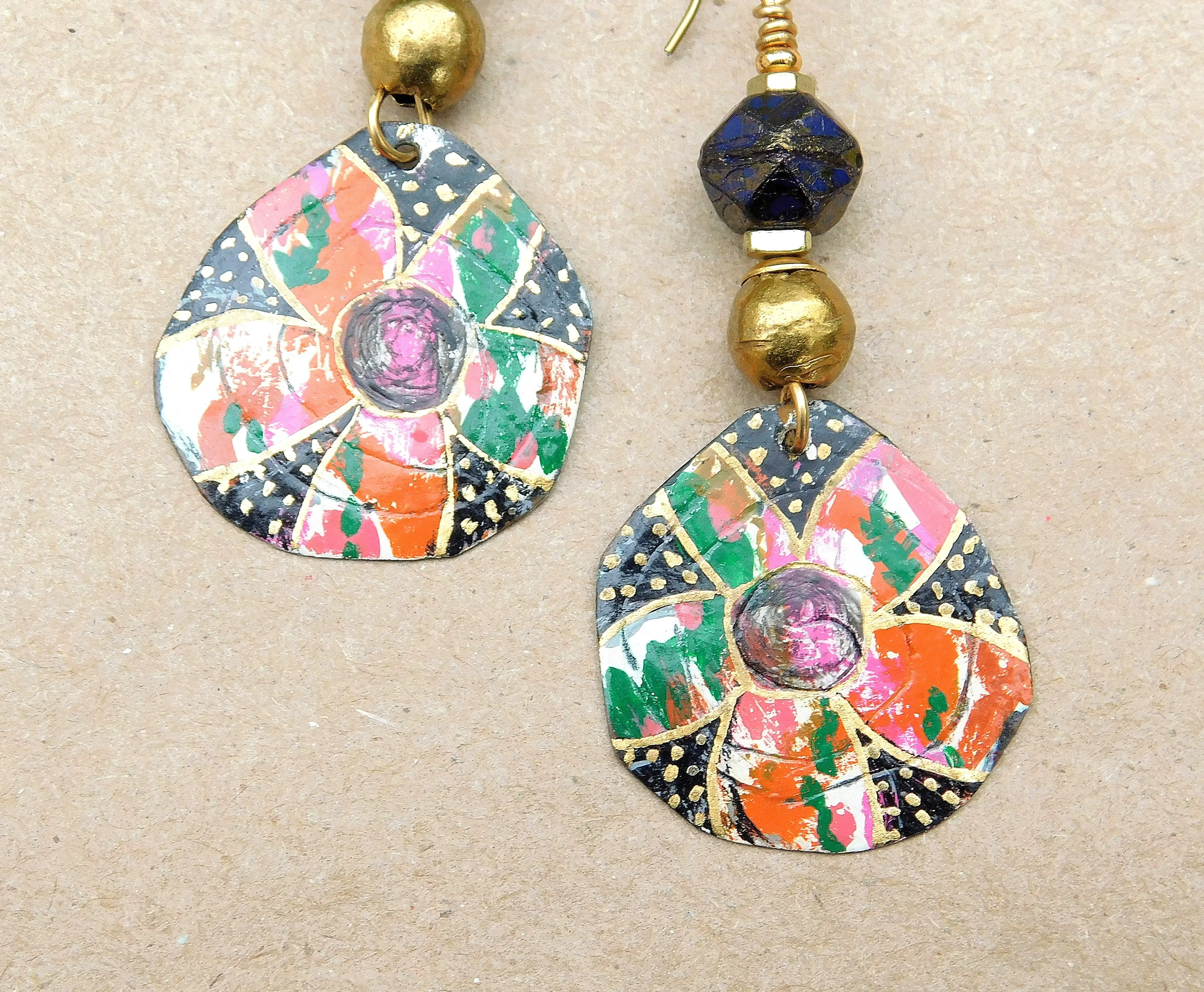 Flowers OOAK Handpainted Copper Charms w/ Gold Leaf Foil AfroCentric Earrings