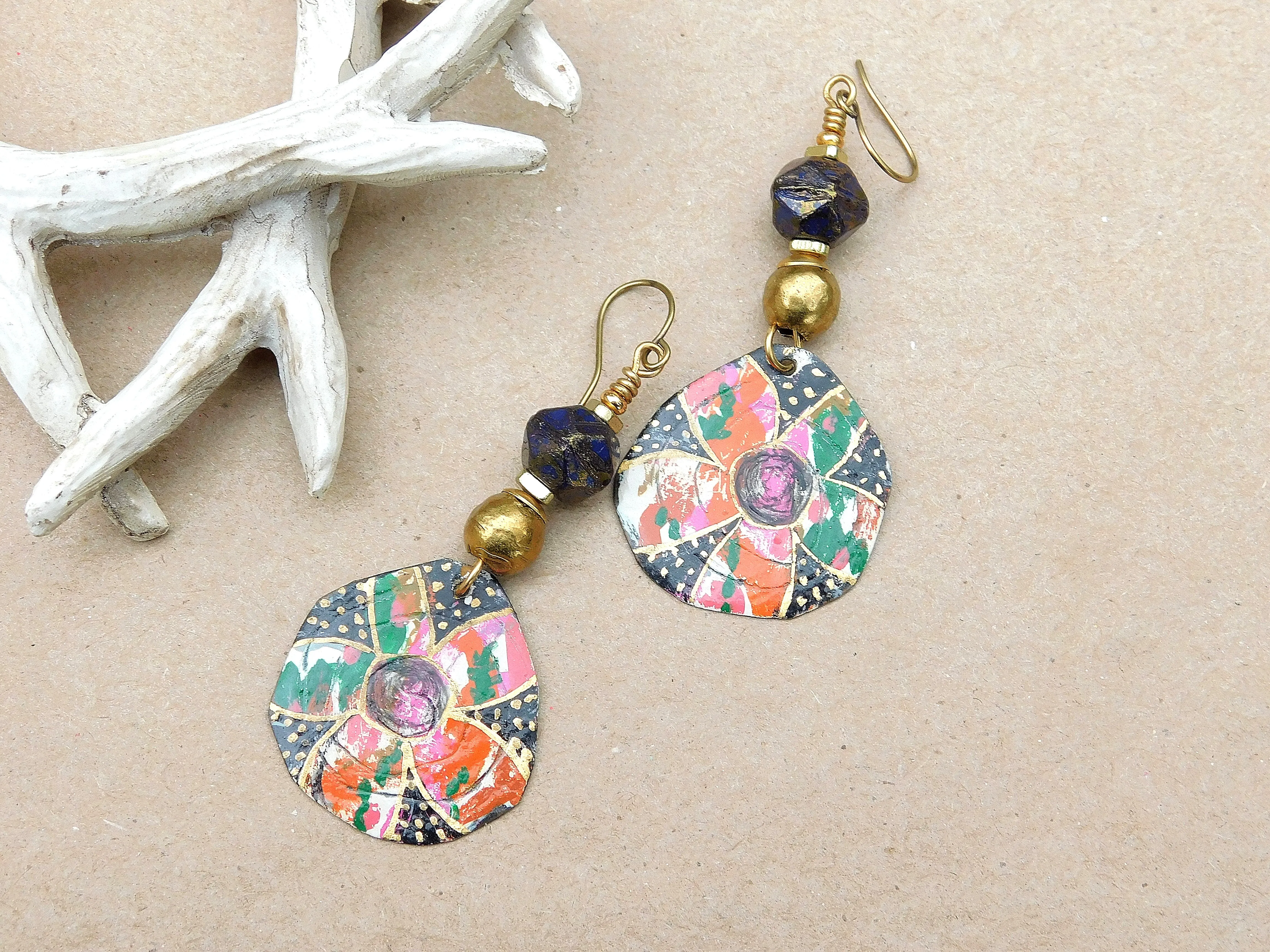 Flowers OOAK Handpainted Copper Charms w/ Gold Leaf Foil AfroCentric Earrings