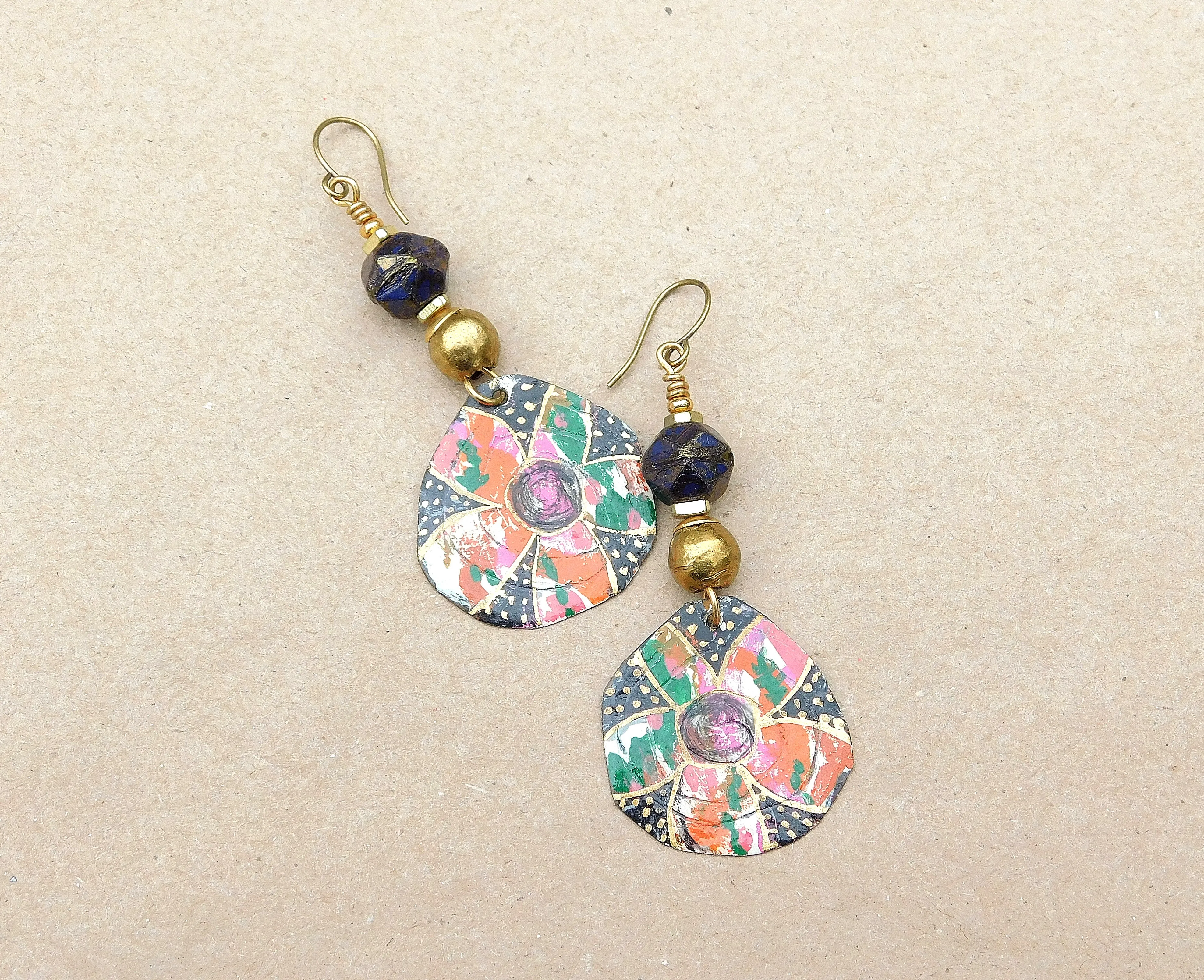 Flowers OOAK Handpainted Copper Charms w/ Gold Leaf Foil AfroCentric Earrings