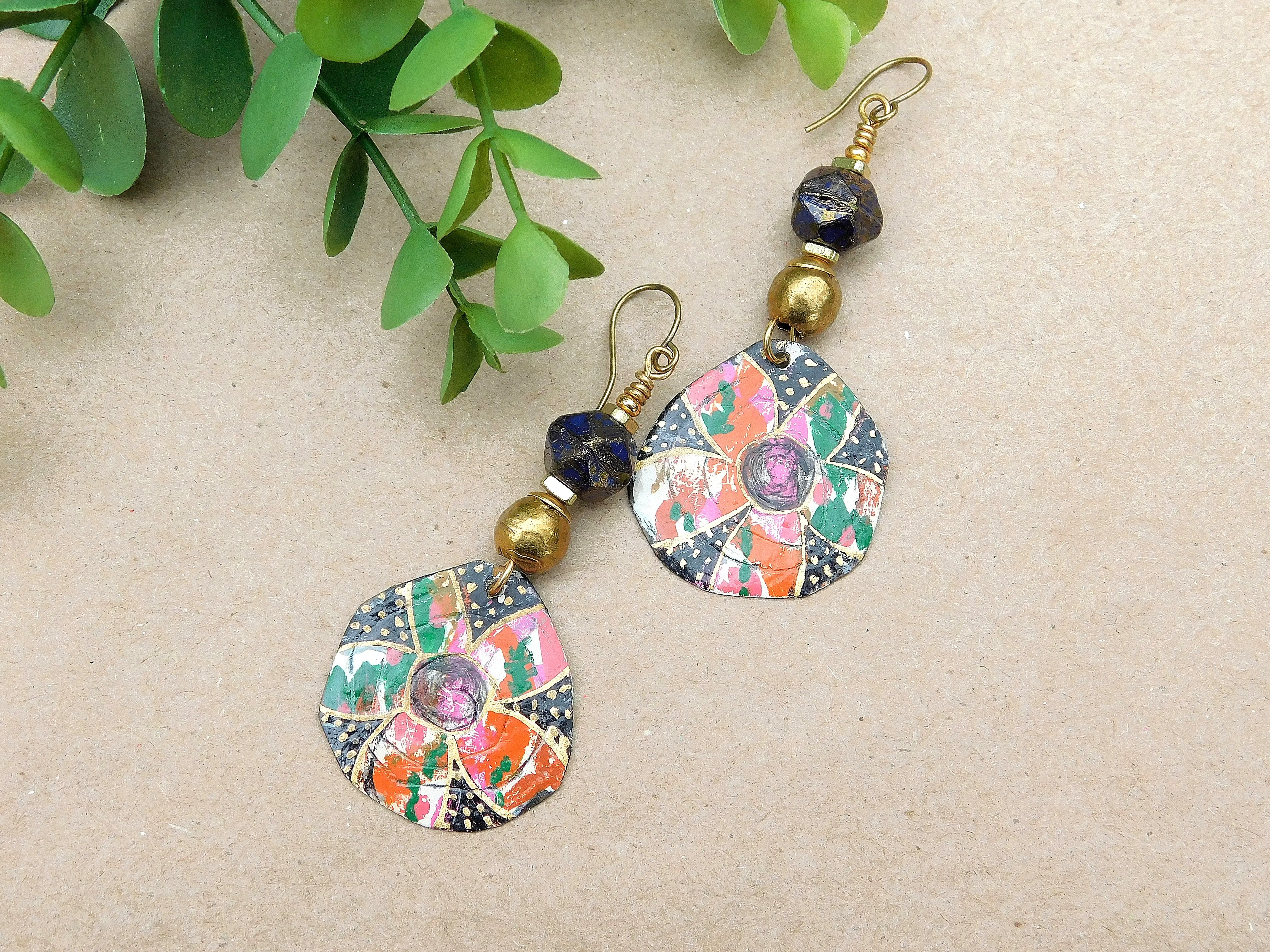 Flowers OOAK Handpainted Copper Charms w/ Gold Leaf Foil AfroCentric Earrings