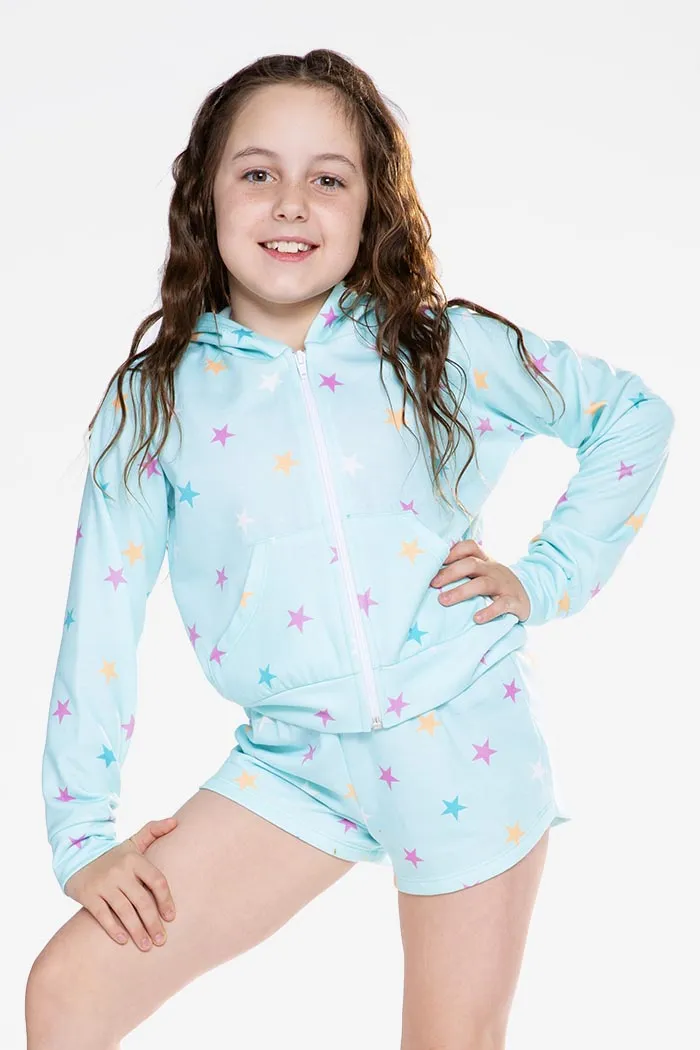 French Terry Easy Zip Hoodie - Ice Mint Pink Stars