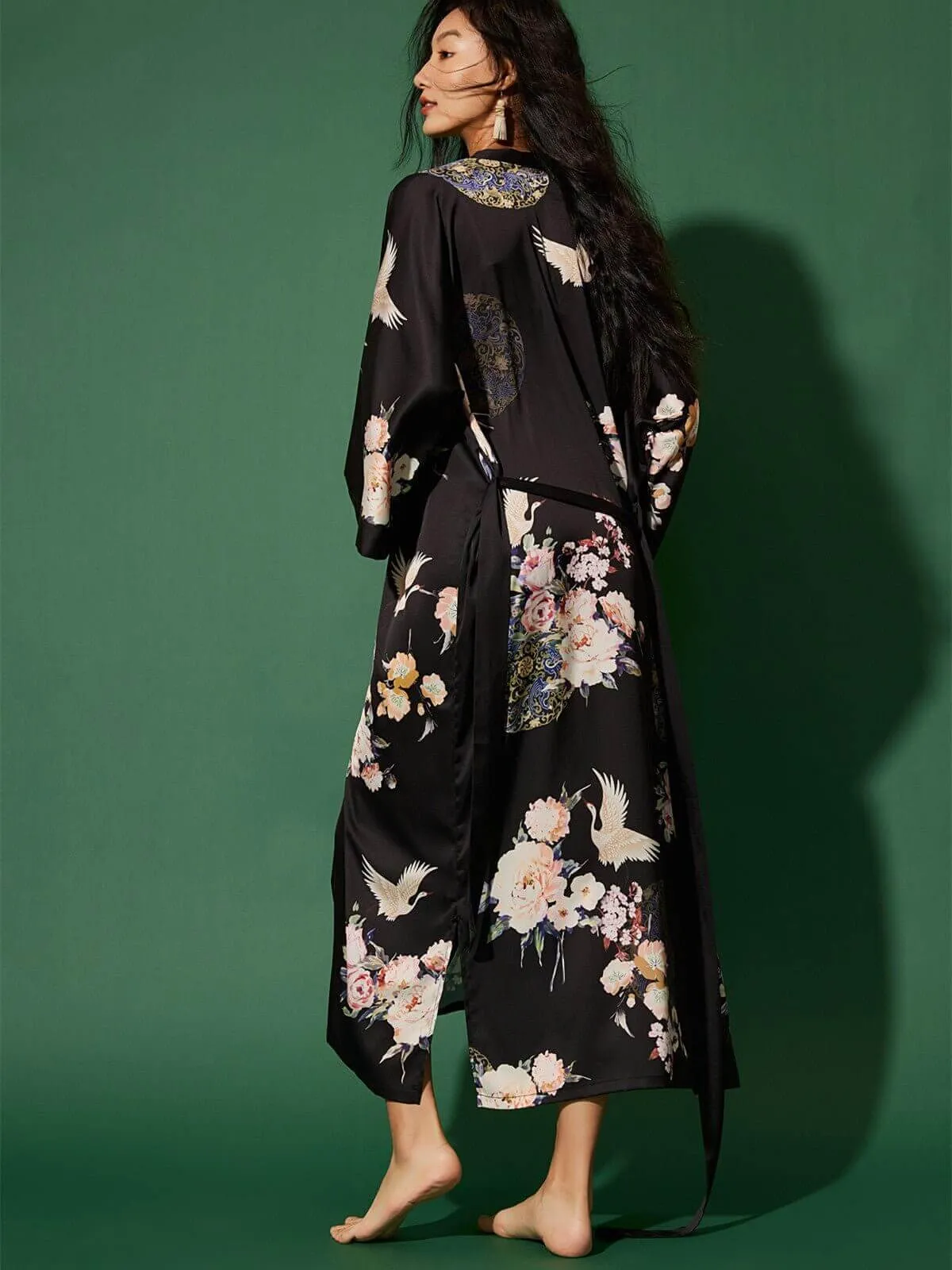 Garden Crane Black Kimono Robe