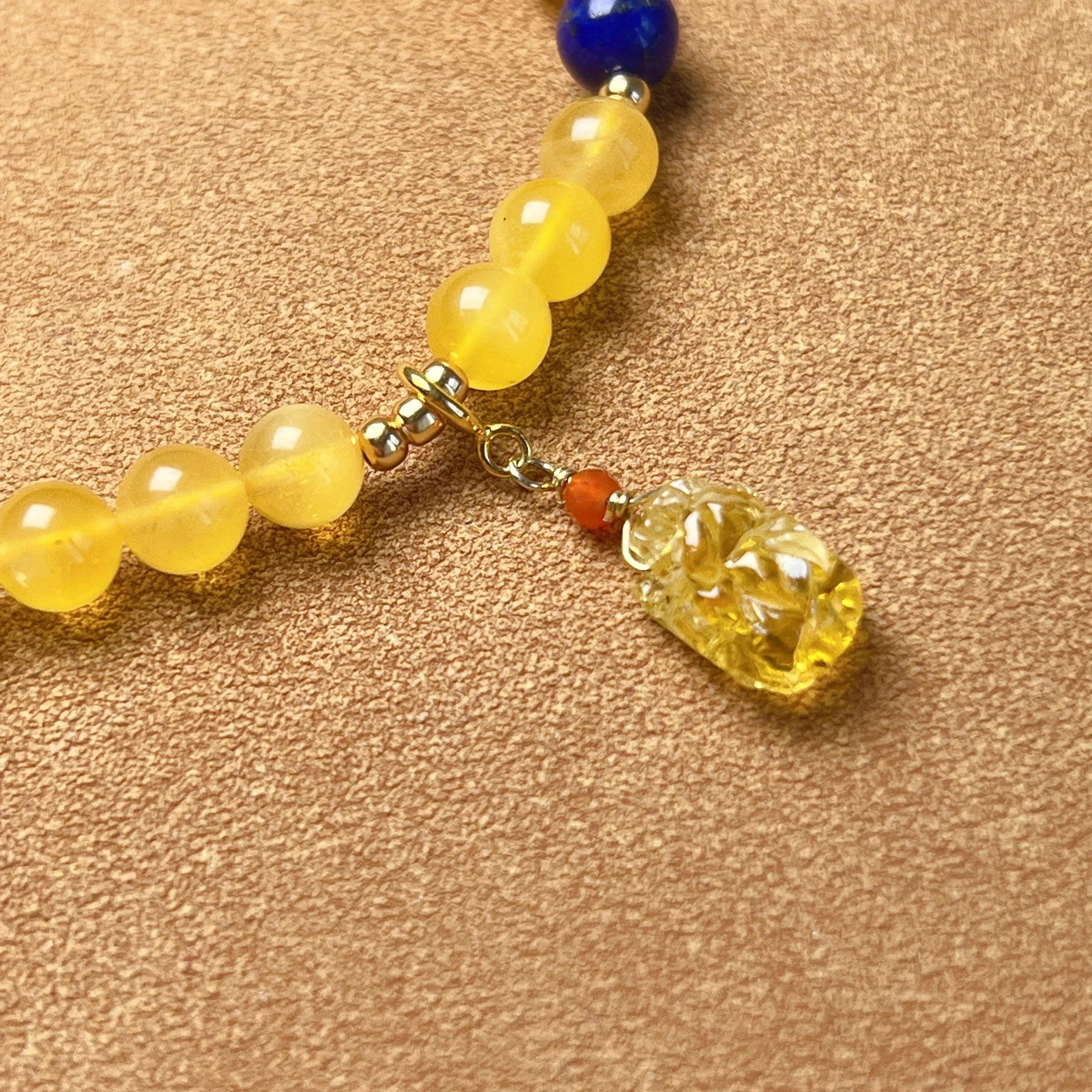 Genuine Amber Bracelet with Mini Pixiu Pendant | Lucky Stone of Aries Gemini Leo Virgo | One of A Kind Jewelry