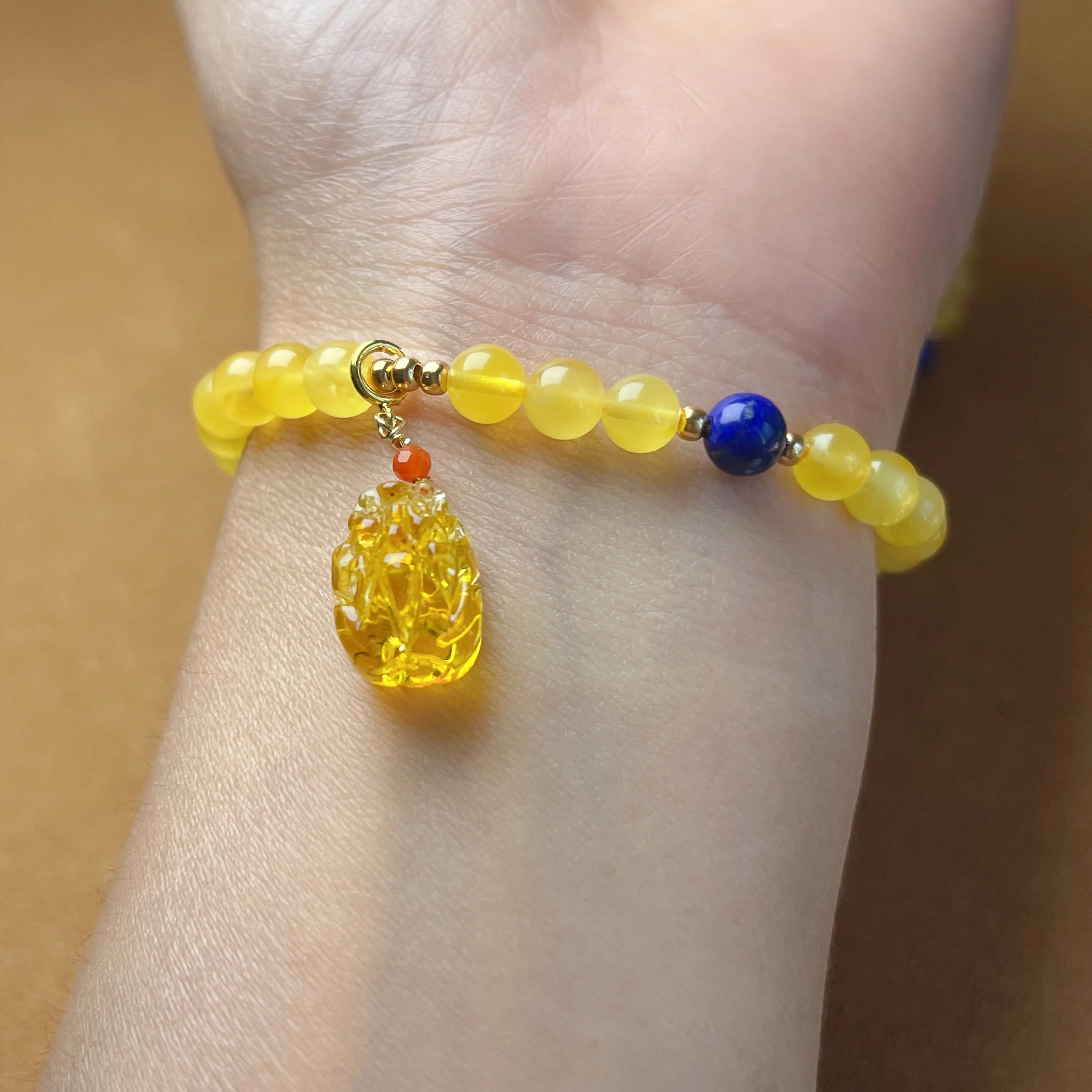 Genuine Amber Bracelet with Mini Pixiu Pendant | Lucky Stone of Aries Gemini Leo Virgo | One of A Kind Jewelry