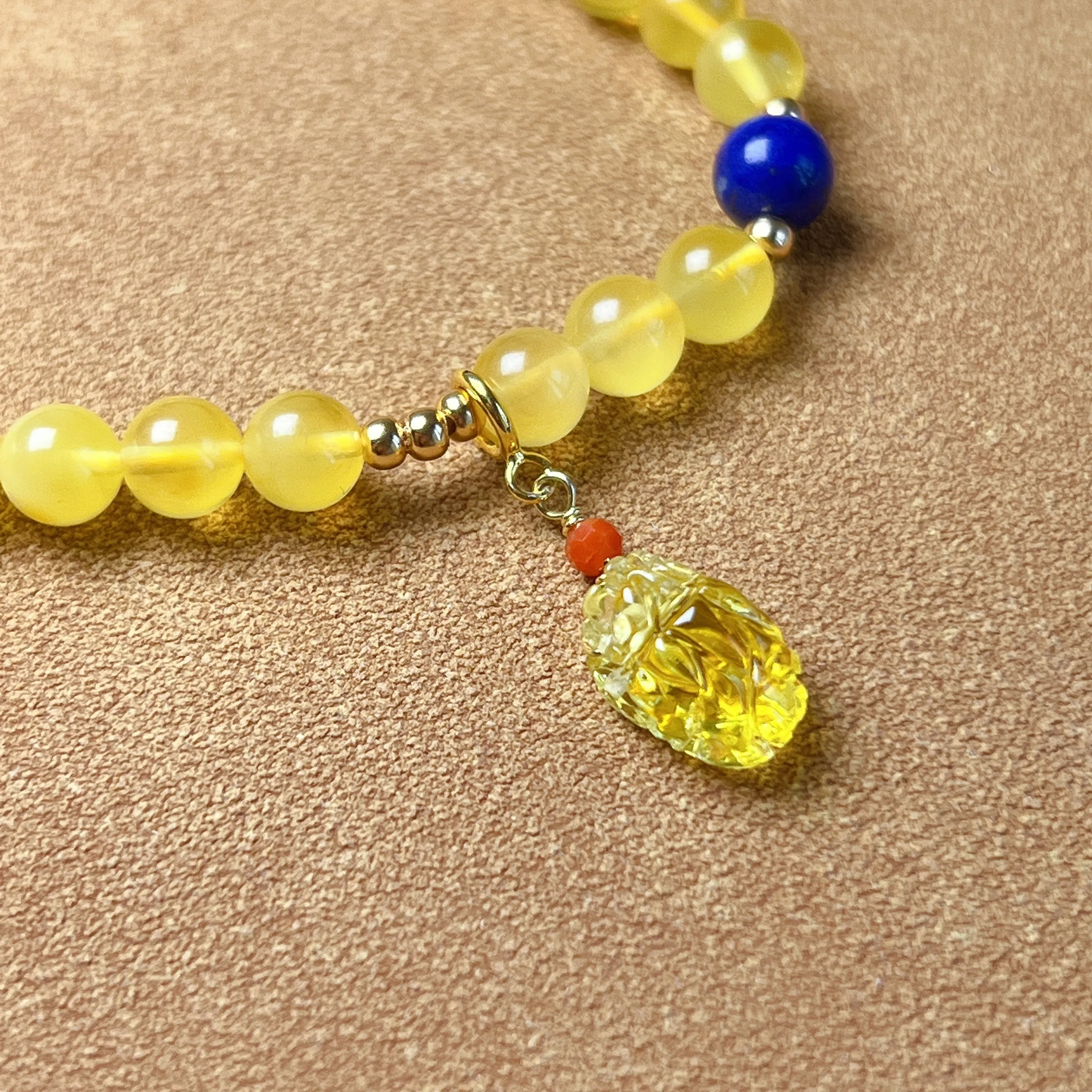 Genuine Amber Bracelet with Mini Pixiu Pendant | Lucky Stone of Aries Gemini Leo Virgo | One of A Kind Jewelry