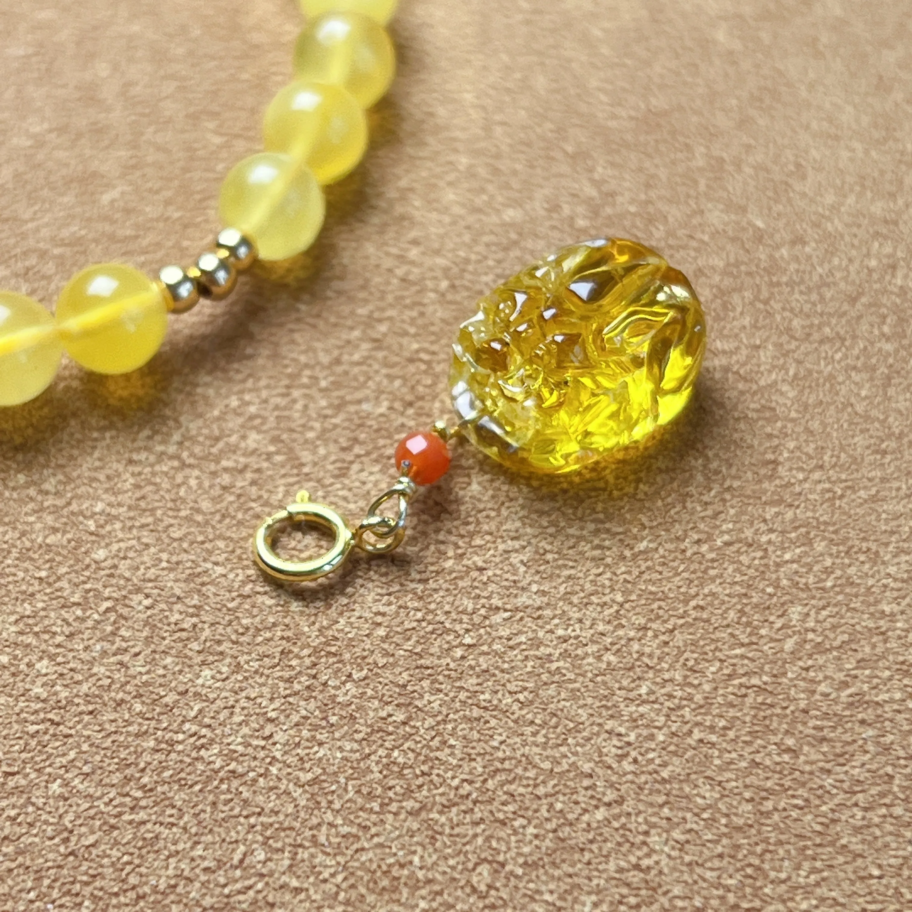 Genuine Amber Bracelet with Mini Pixiu Pendant | Lucky Stone of Aries Gemini Leo Virgo | One of A Kind Jewelry