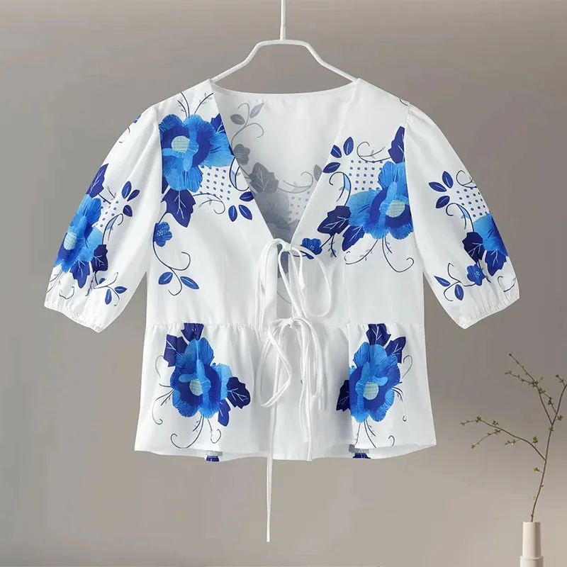 Getadme Elegant Flower Print Shirt Women Short Puff Sleeve Bow Lace Up Lady Blouse 2024 Spring Summer Fashion V-neck Casual Female Top