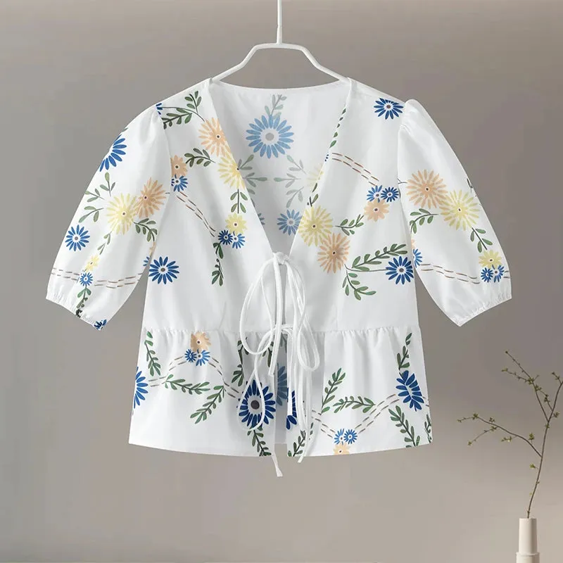 Getadme Elegant Flower Print Shirt Women Short Puff Sleeve Bow Lace Up Lady Blouse 2024 Spring Summer Fashion V-neck Casual Female Top