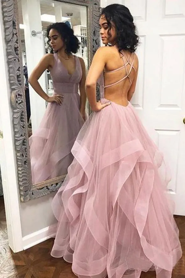 Glamorous V-Neck Tulle Prom Dress with Cascading Ruffles