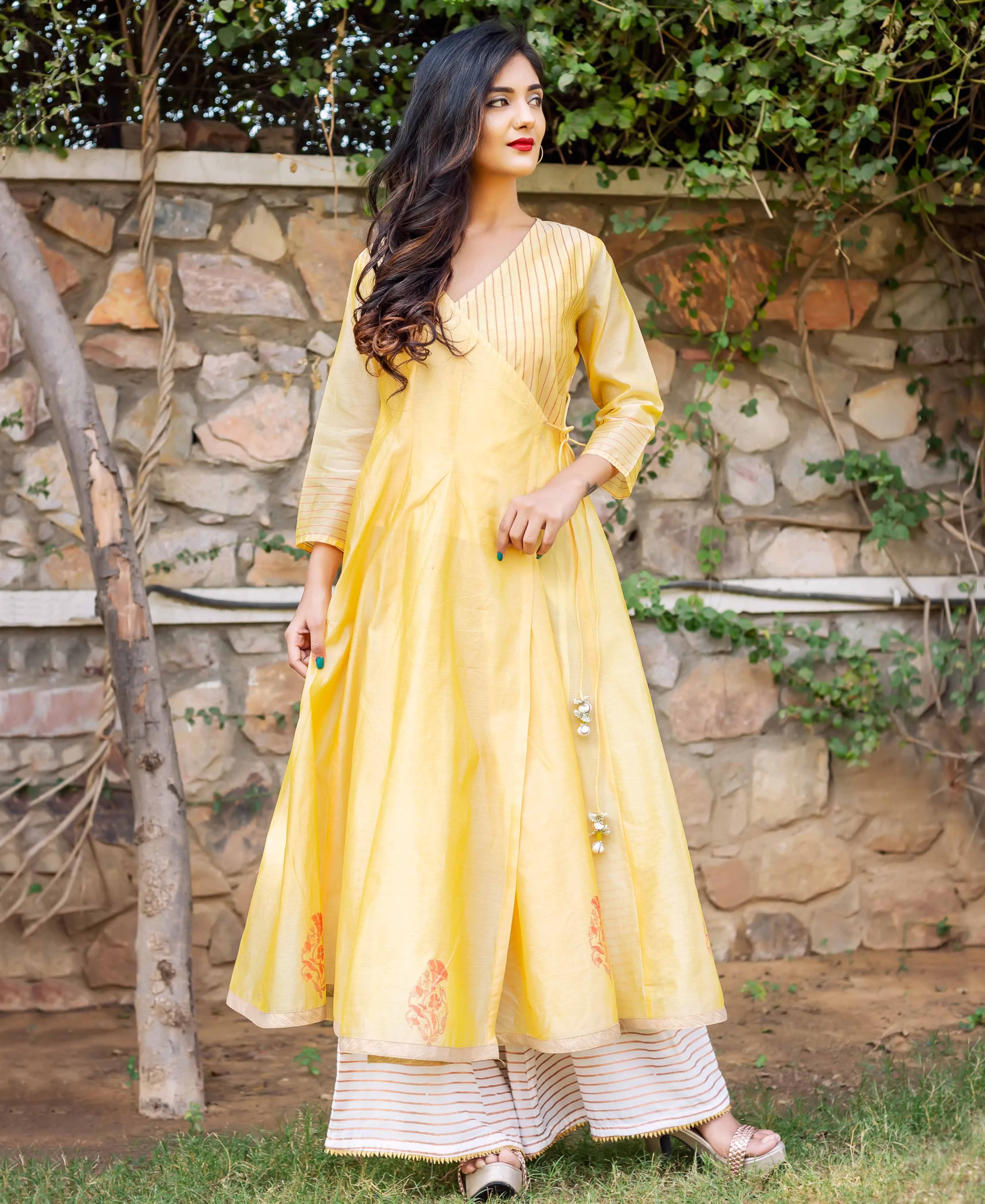 Golden Block Printed Angrakha Style Long Kurtas