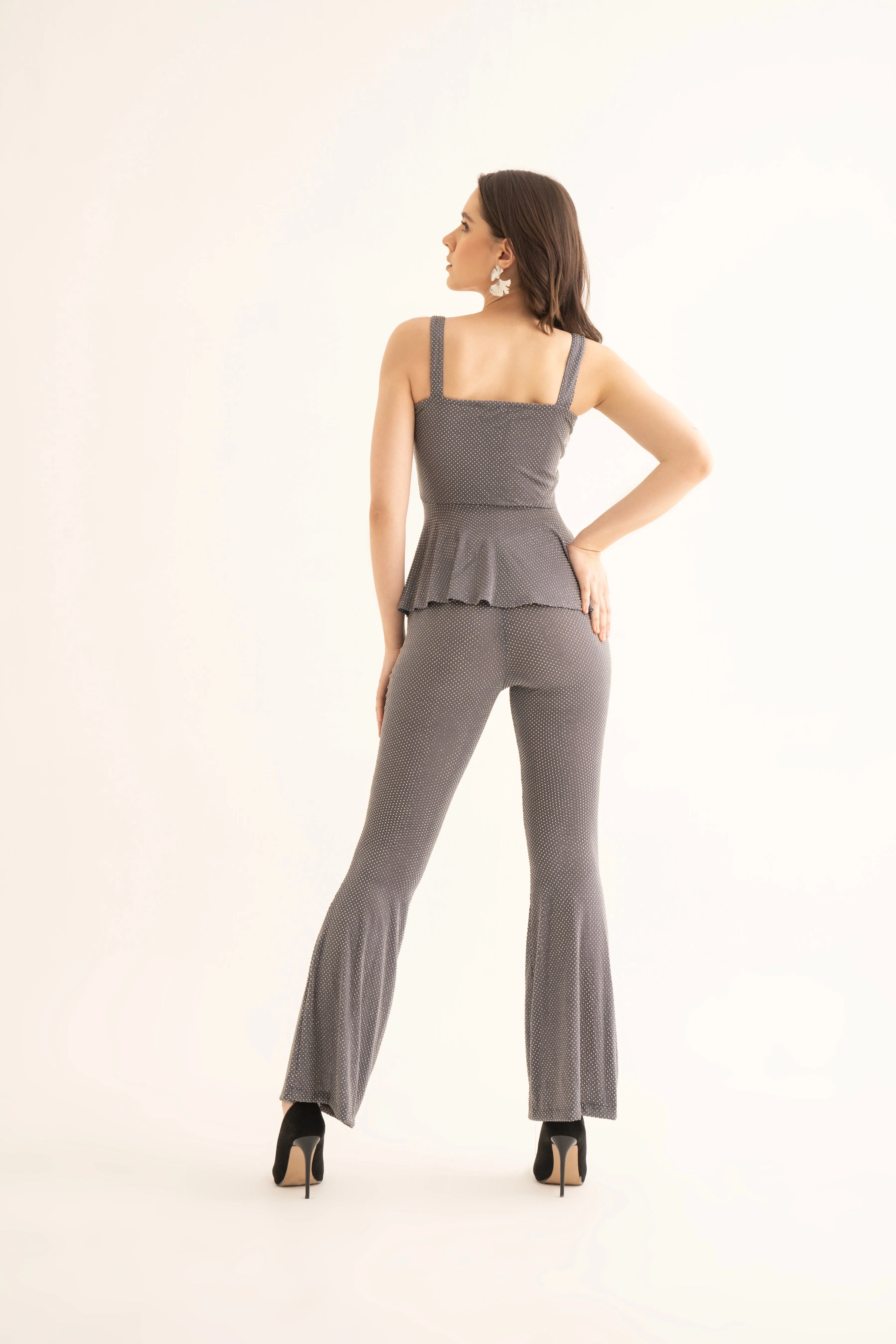 Grey Rhinestone Peplum Top and Bell Bottoms Co-ord Set