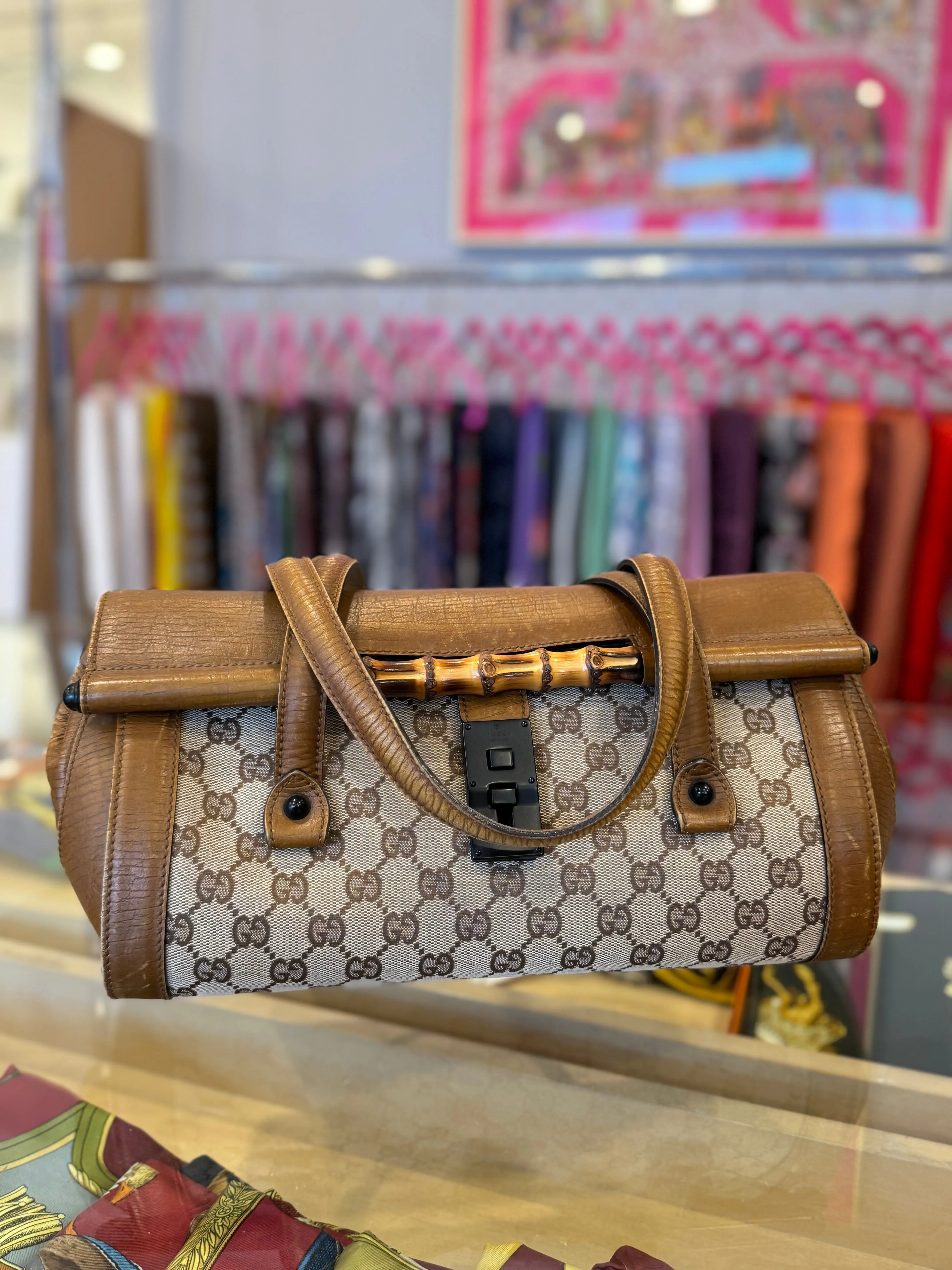 Gucci Monogram GG Canvas Leather Bamboo Bullet Bag