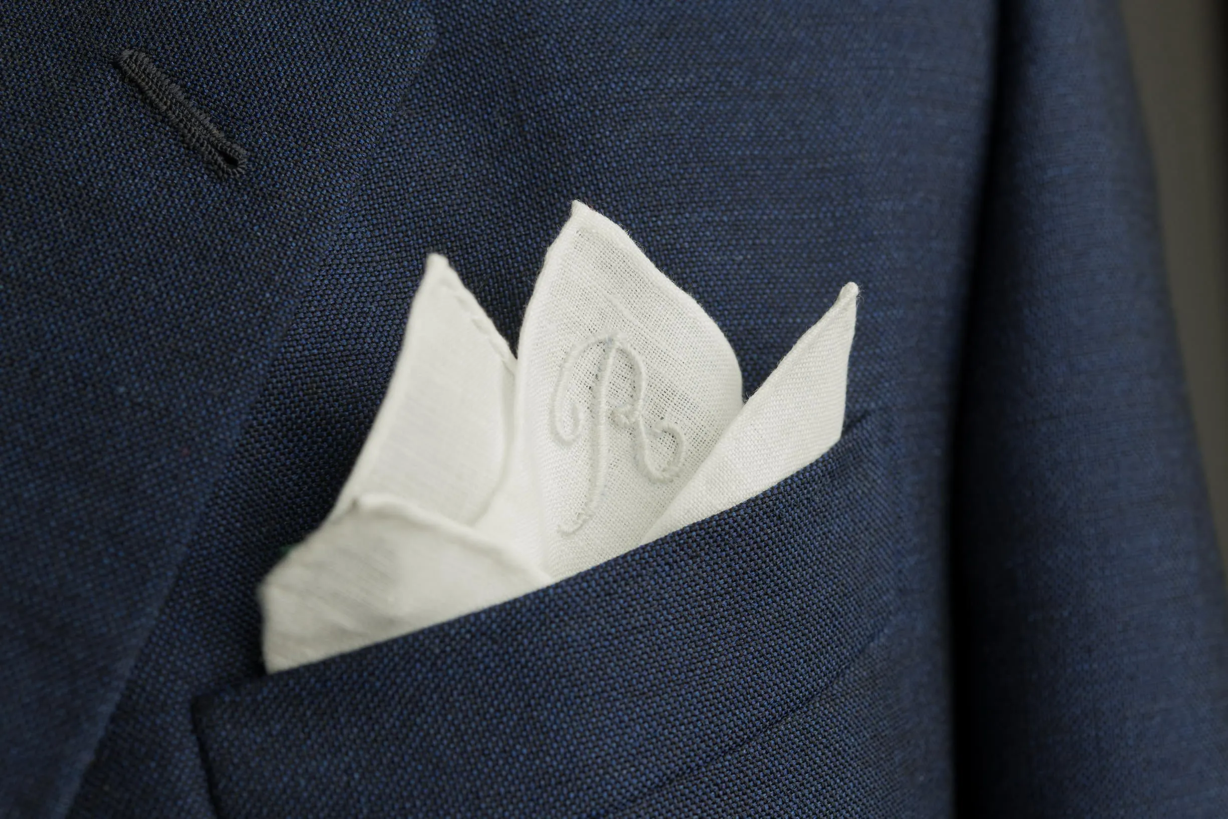 Hand-Embroidered Initial Q White Linen Pocket Square