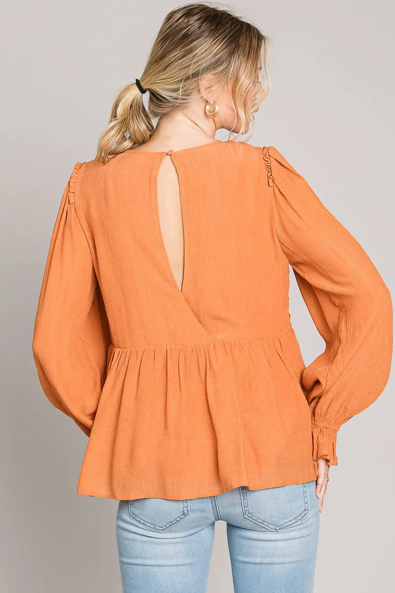 Heyson Pumpkin Spice V Neck Flare Crinkled Blouse