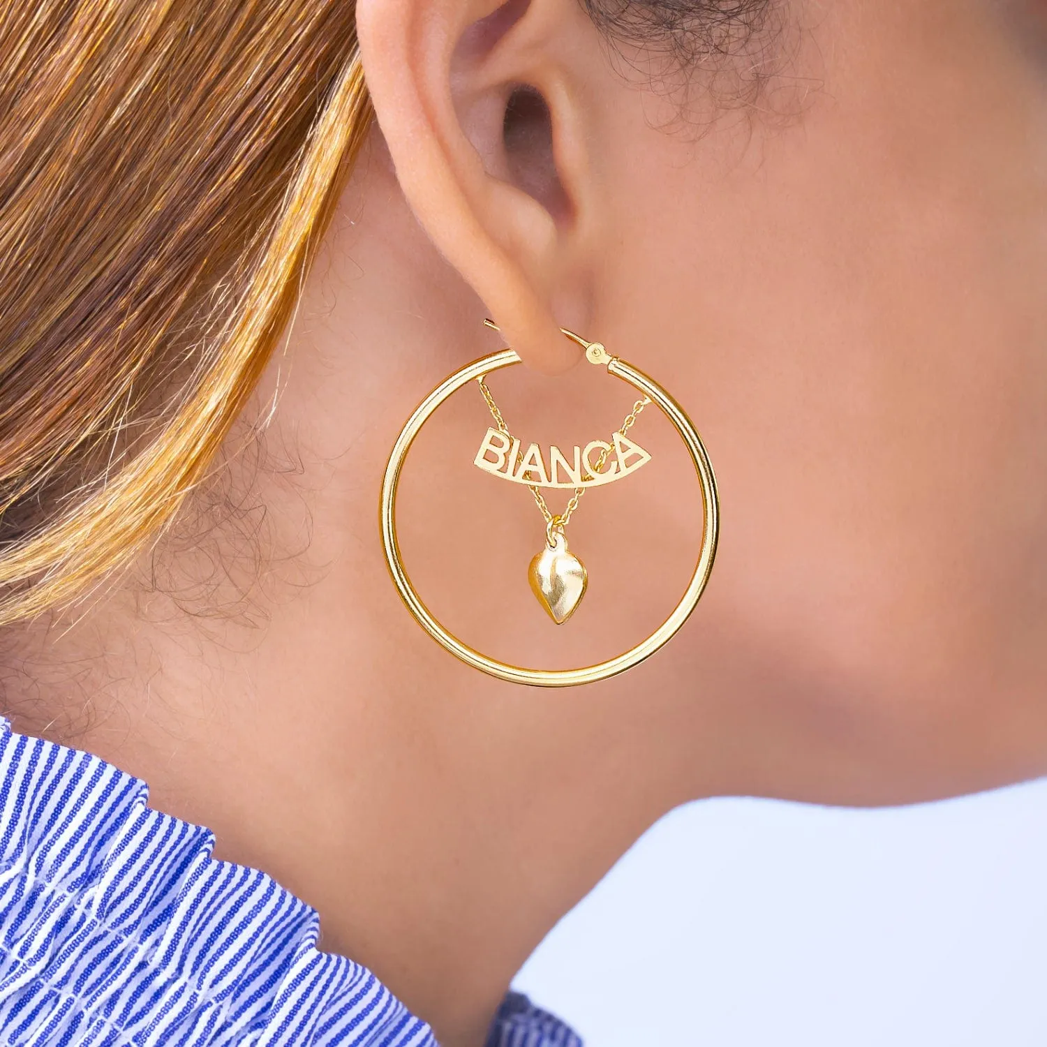 Hoops Bamboo Name Earrings with Hanging Heart