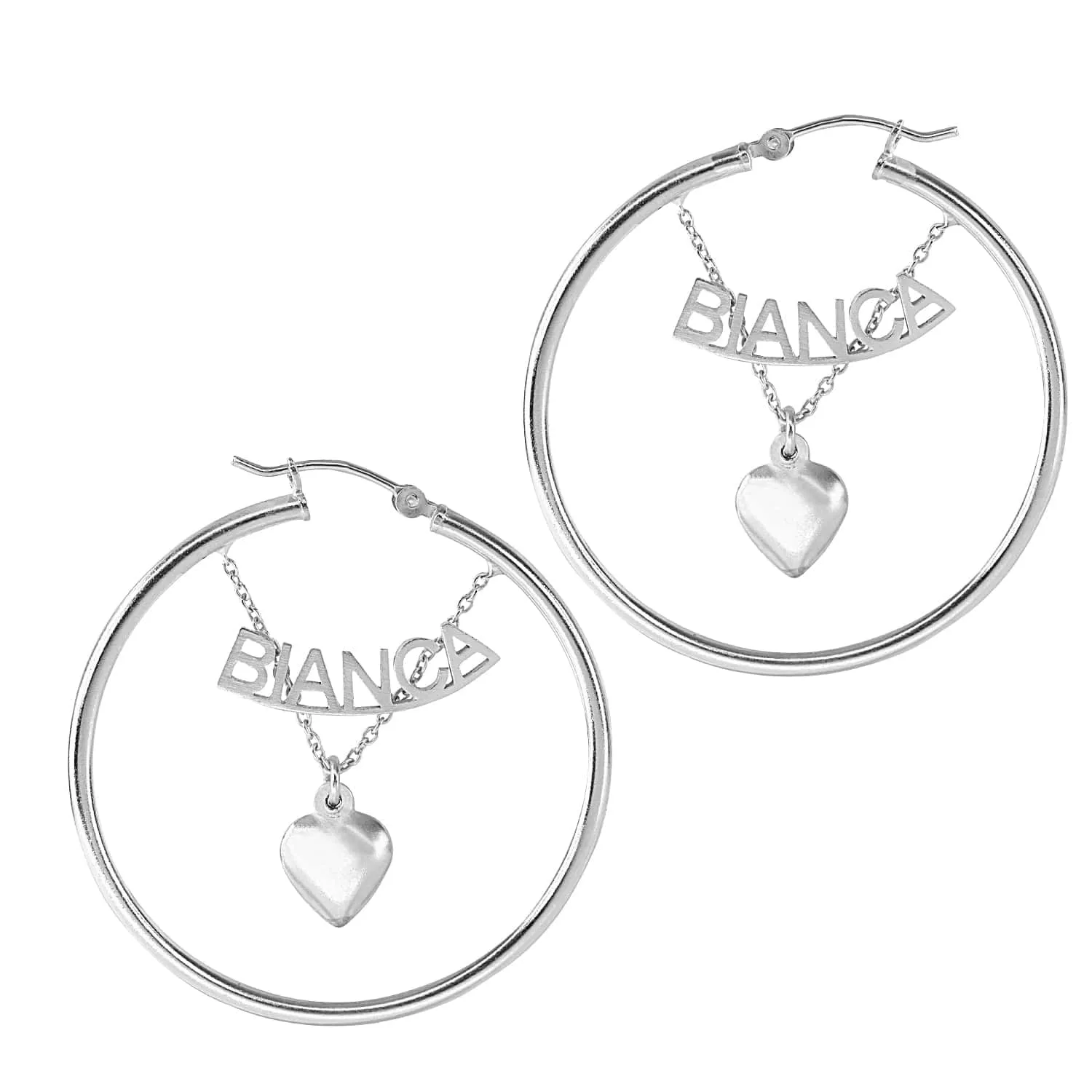 Hoops Bamboo Name Earrings with Hanging Heart