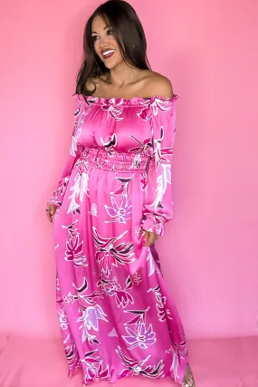 Hot Pink Off Shoulder Floral Print Maxi Dress