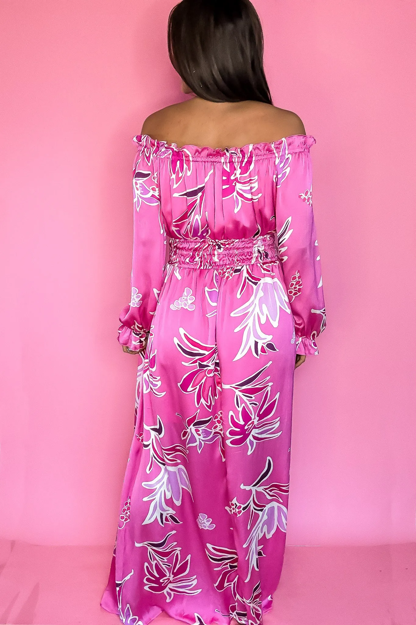 Hot Pink Off Shoulder Floral Print Maxi Dress