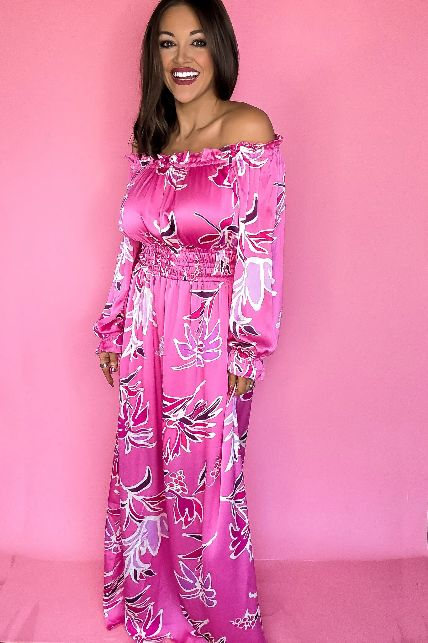 Hot Pink Off Shoulder Floral Print Maxi Dress