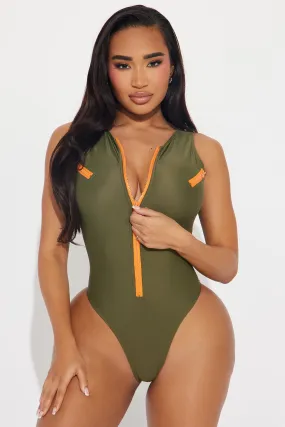 Jetting Off Zip Up 1 Piece Swimsuit - Olive