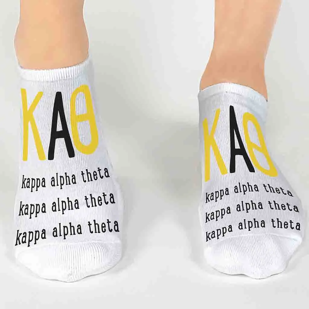 Kappa Alpha Theta Sorority Socks with Large Greek Letters, Printed on No Show Socks