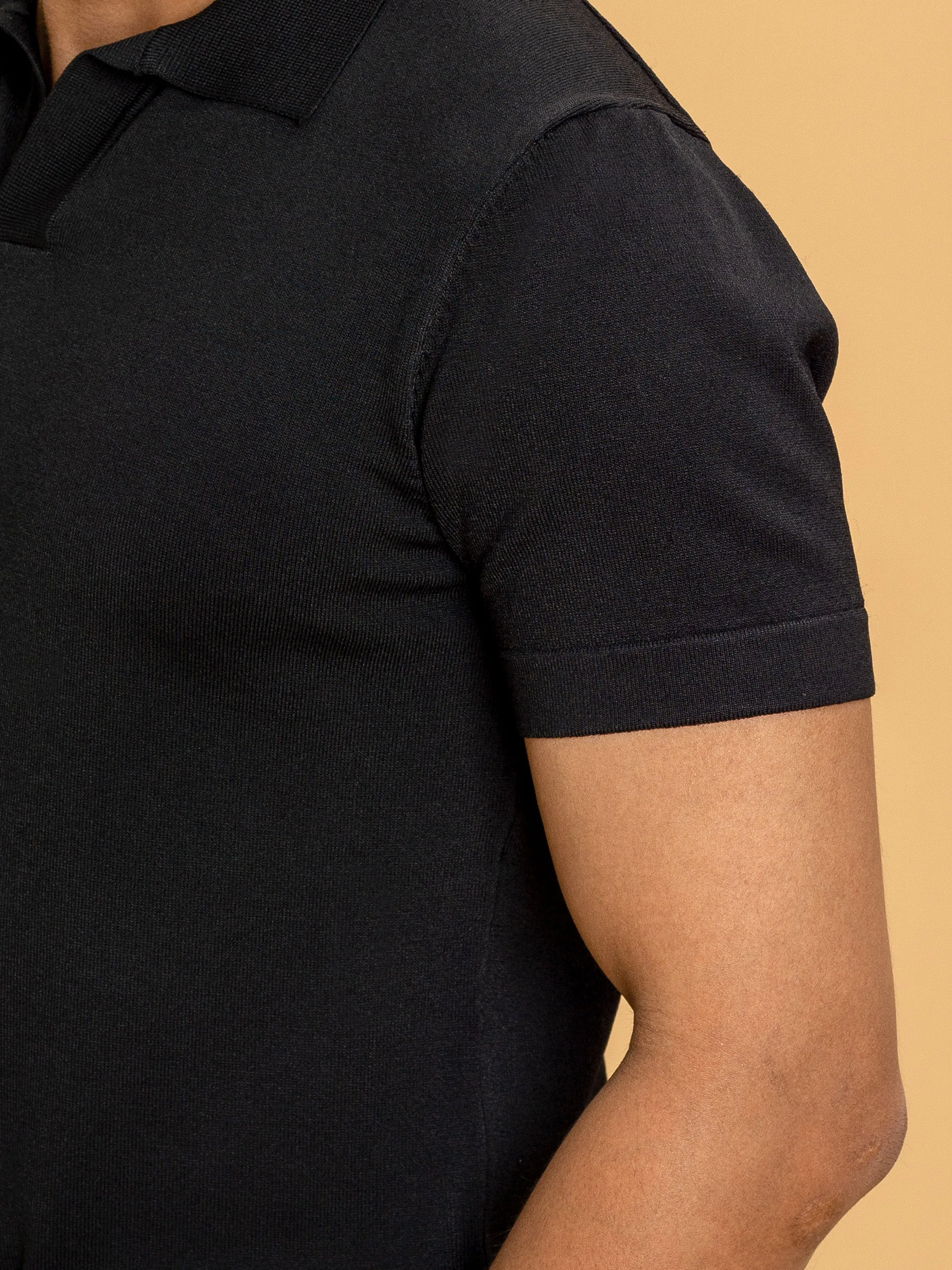 Knit Polo Tee - Black Open Collar