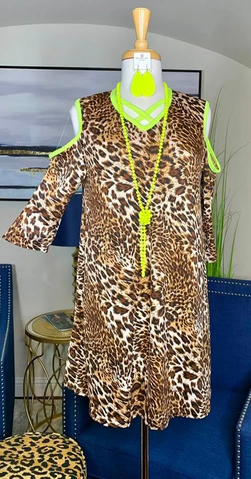 Leopard Flutter Tunic  with Neon Yellow Criss Cross Neck & Cold Shoulders