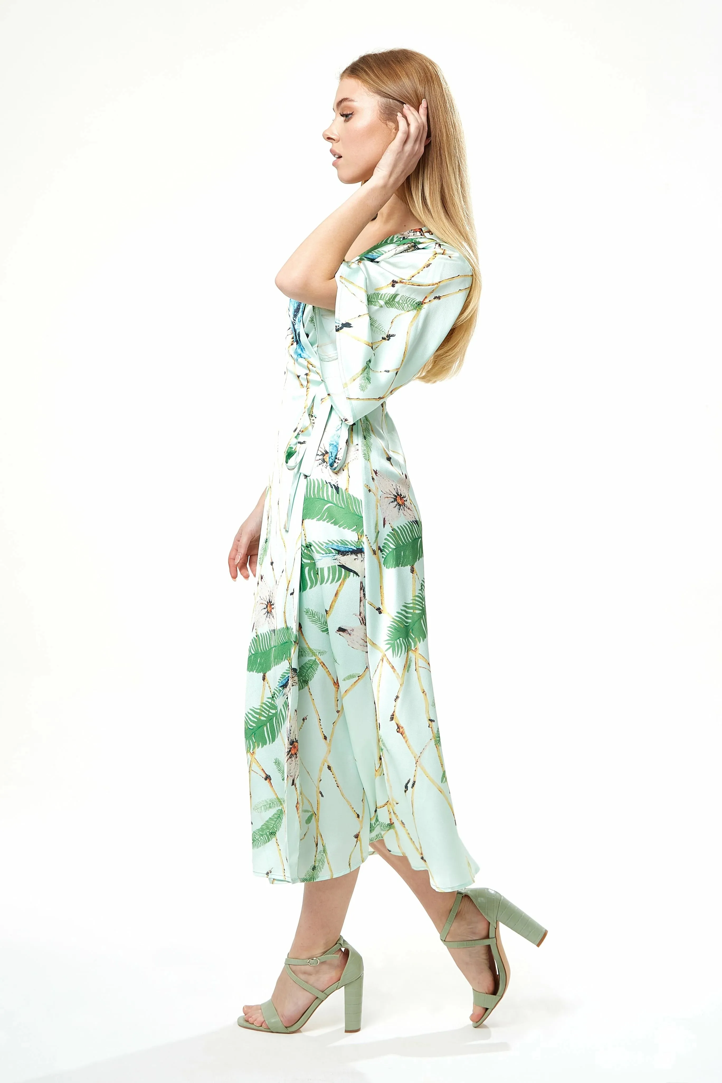 Liquorish Bird Print Midi Wrap Dress In Mint Green