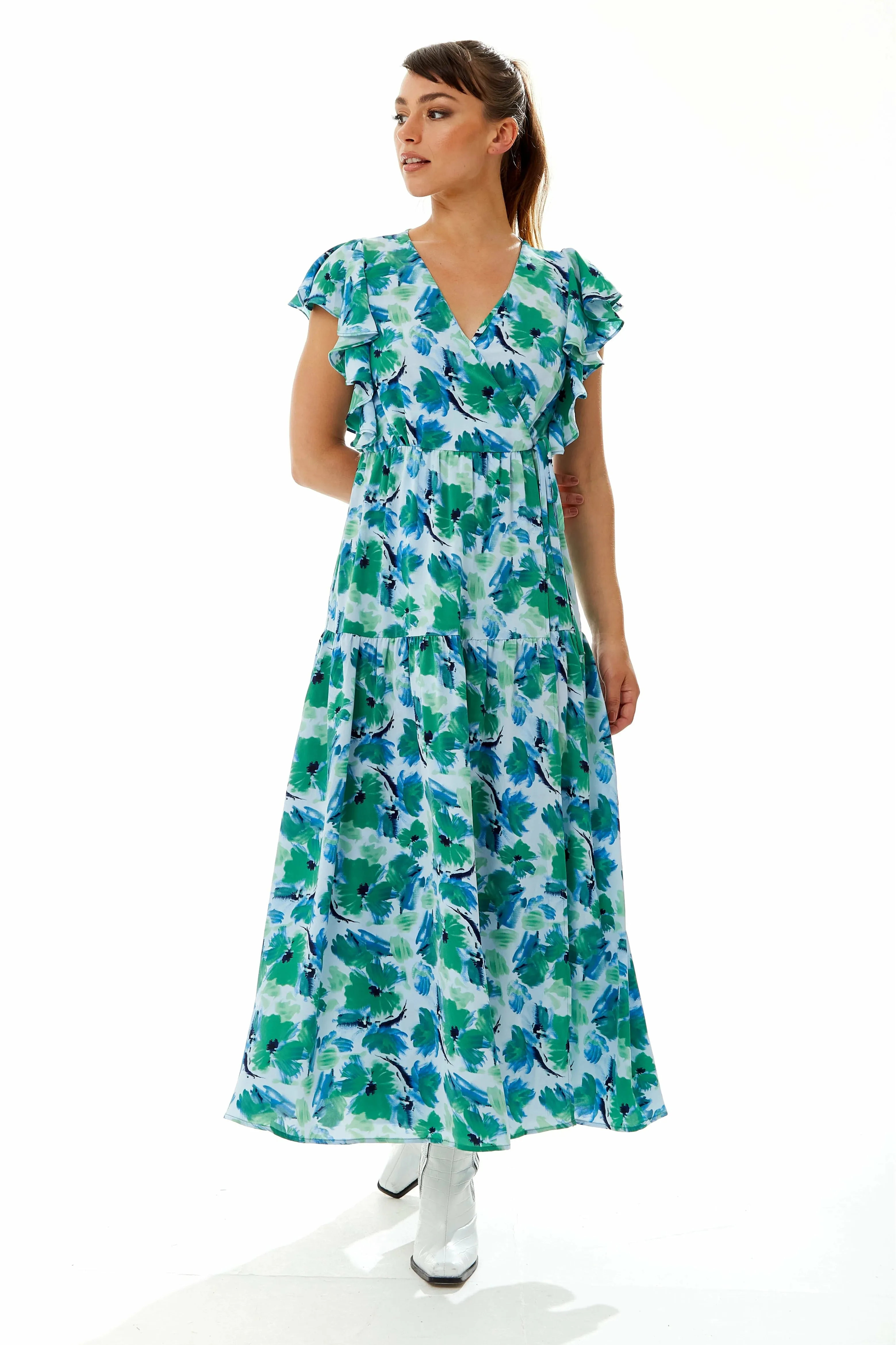 Liquorish Floral Maxi Wrap Dress In Green And Blue