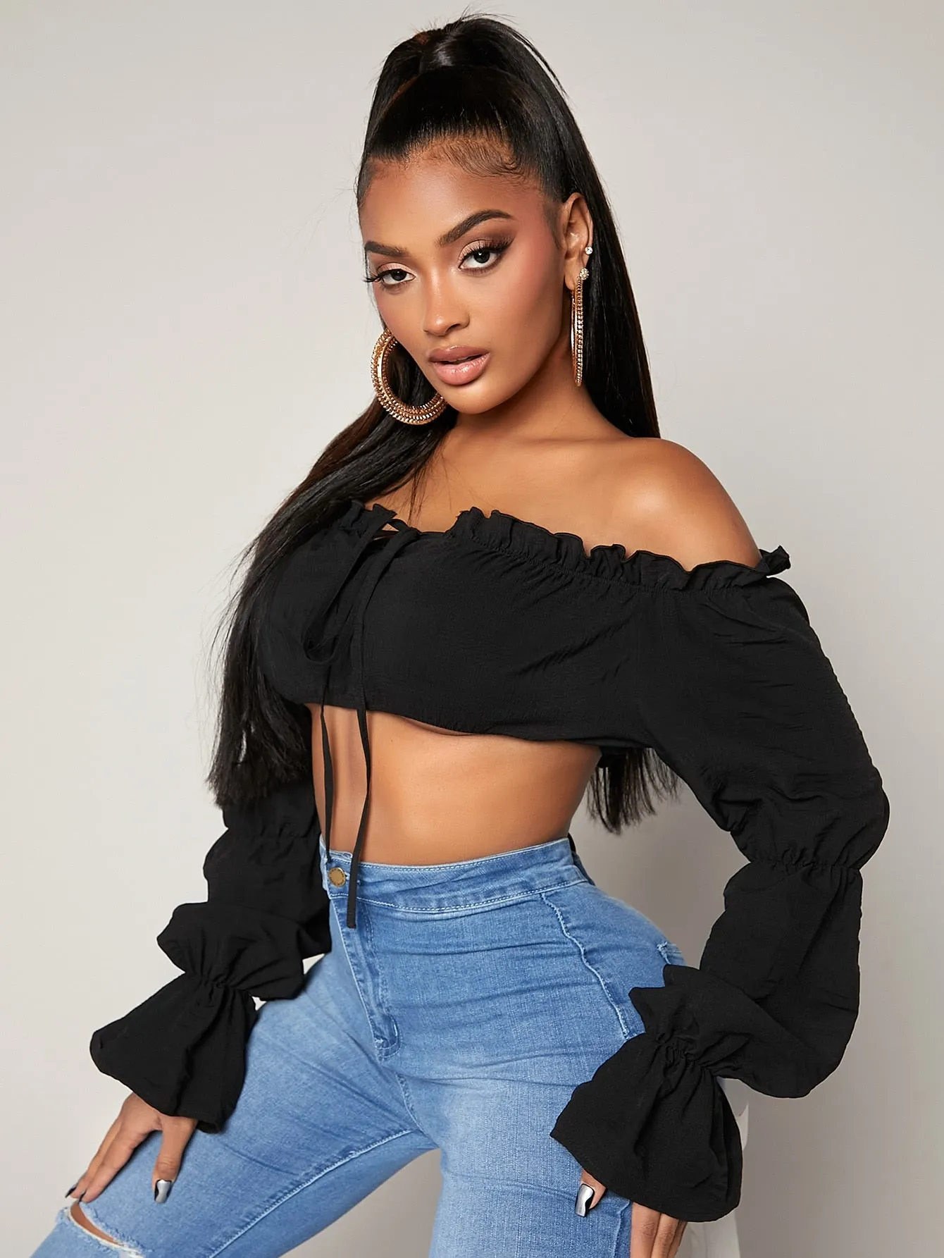 Long Sleeve Frill Trim Crop Top