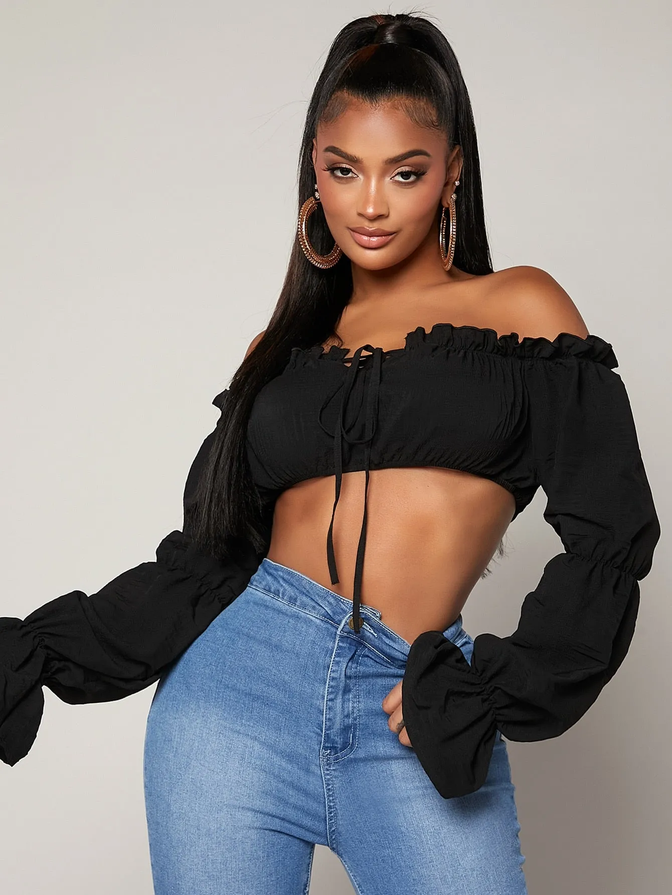 Long Sleeve Frill Trim Crop Top