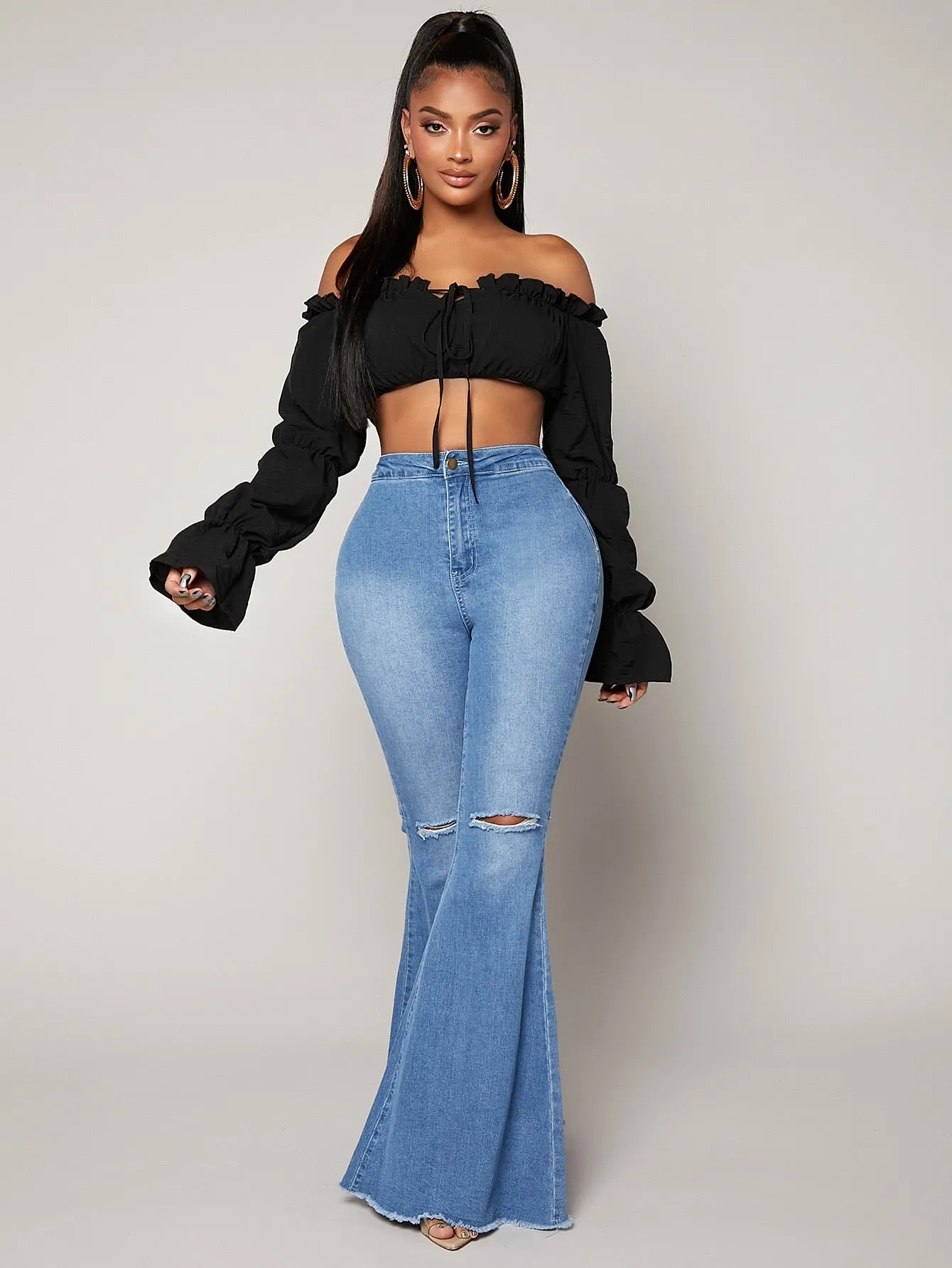 Long Sleeve Frill Trim Crop Top