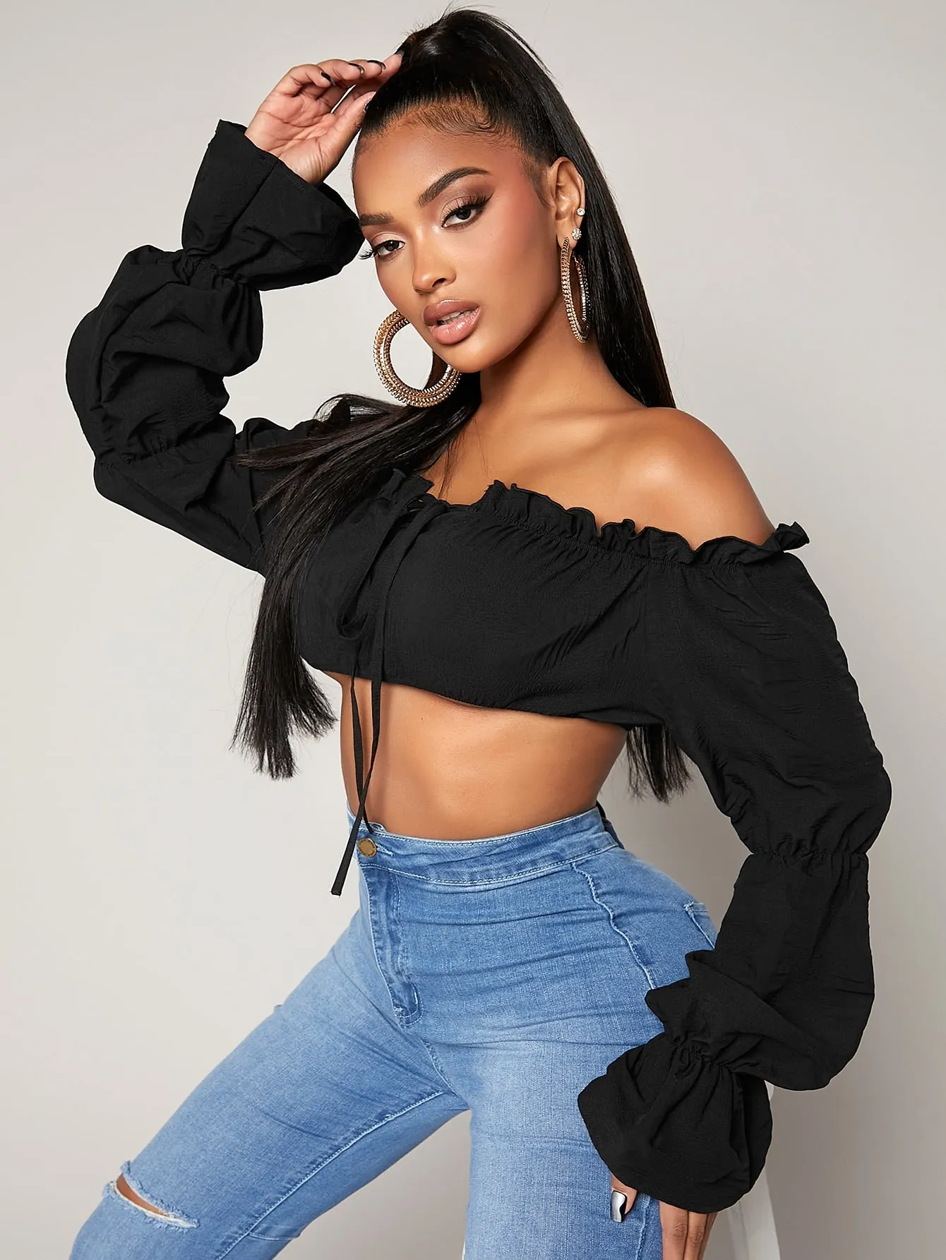 Long Sleeve Frill Trim Crop Top