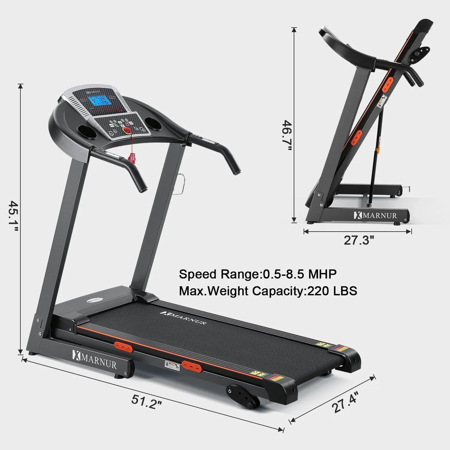 MARNUR Electric Treadmill Foldable 17 Wide Running Machine 3 Levels Manual Incline 2.5 HP Power 15 Preset Program Easy Assembly Max Speed 8.5 MPH with Large Display & Cup Holder for Home Use