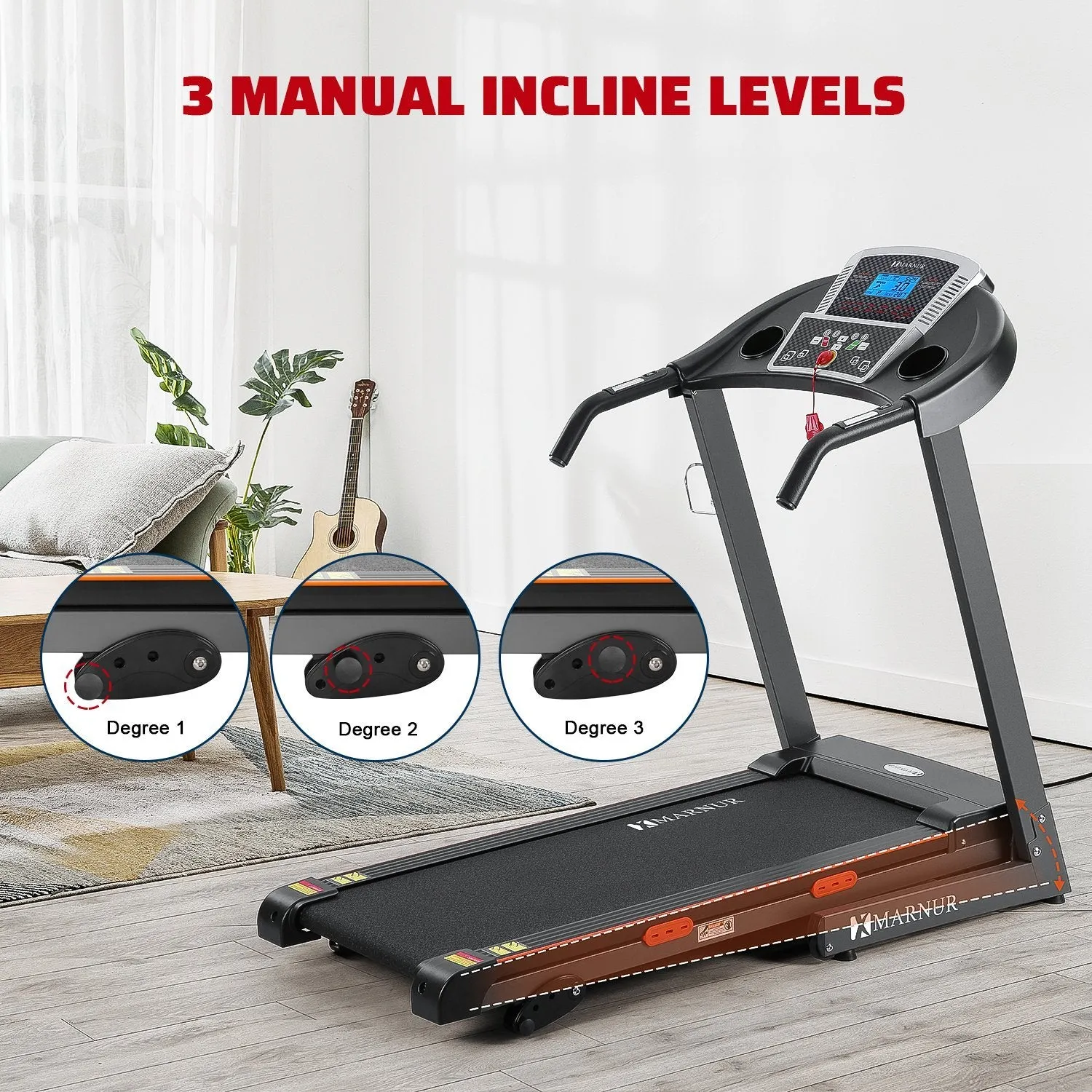 MARNUR Electric Treadmill Foldable 17 Wide Running Machine 3 Levels Manual Incline 2.5 HP Power 15 Preset Program Easy Assembly Max Speed 8.5 MPH with Large Display & Cup Holder for Home Use