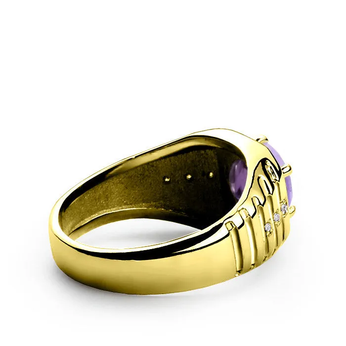 Men's Ring in 10k Yellow Gold with Purple Amethyst and Genuine Diamonds