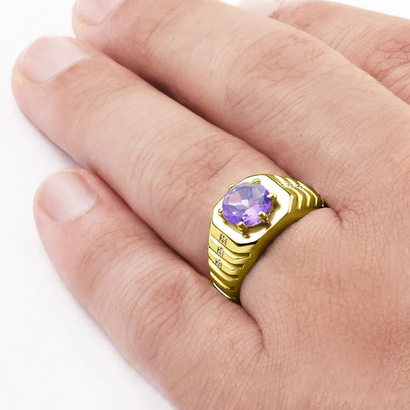 Men's Ring in 10k Yellow Gold with Purple Amethyst and Genuine Diamonds