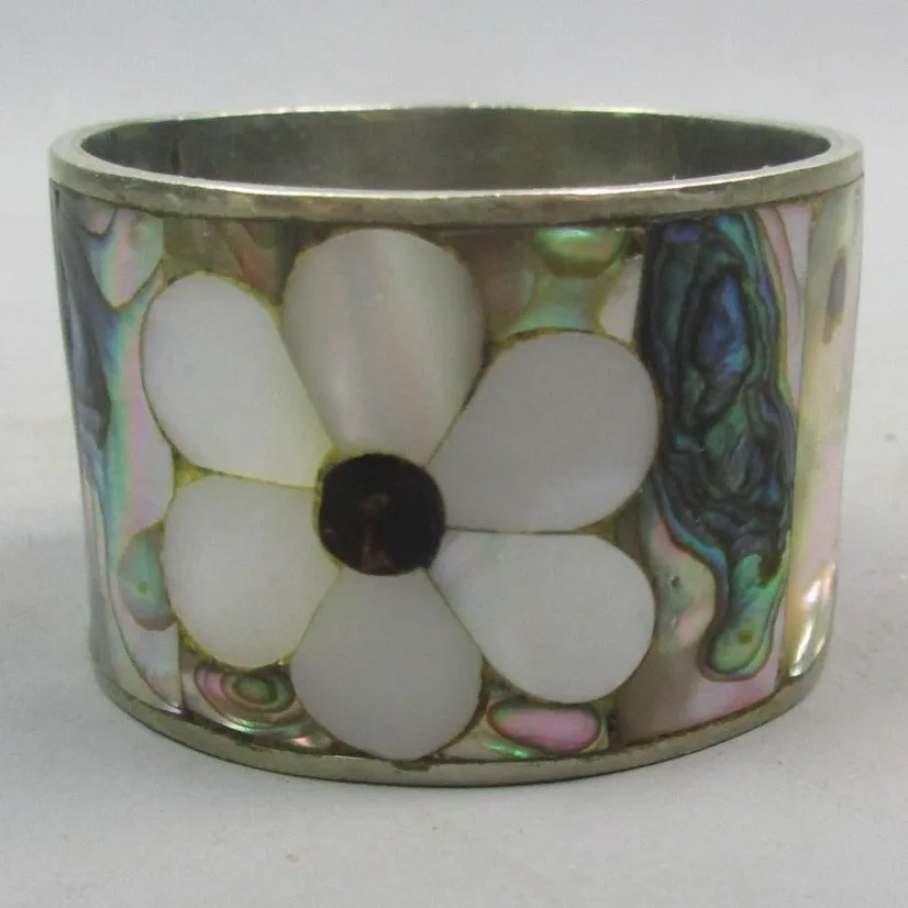 Mexico Sterling Silver Abalone Inlaid Floral Design Napkin Ring Vintage c1970